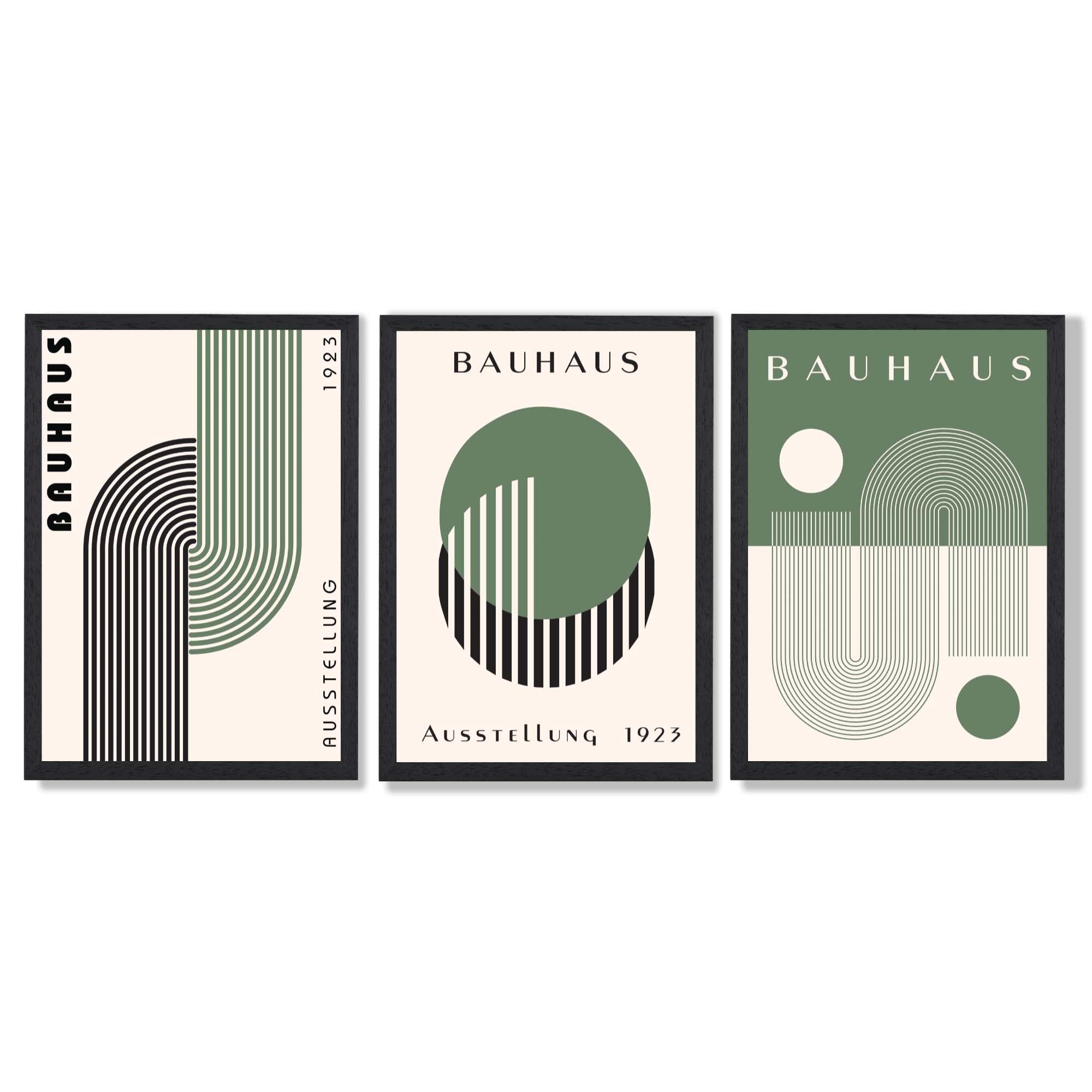 Bauhaus Green Geometric Set of 3 Framed Art Prints with Black Wooden Frames