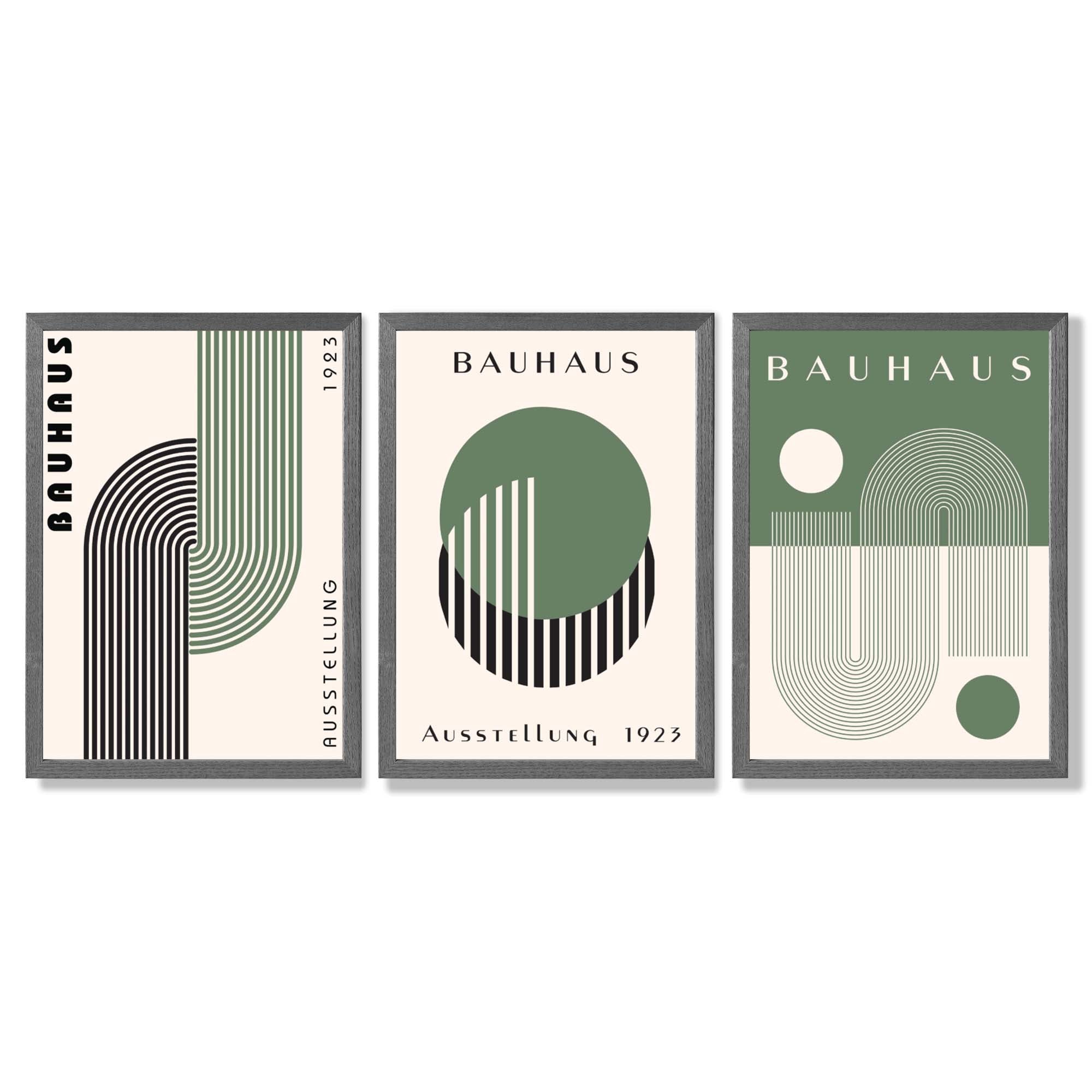 Bauhaus Green Geometric Set of 3 Framed Art Prints with Dark Grey Wooden Frames