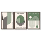 Bauhaus Green Geometric Set of 3 Framed Art Prints with Dark Wood Frames
