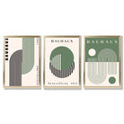 Bauhaus Green Geometric Set of 3 Framed Art Prints with Gold Wood Frames