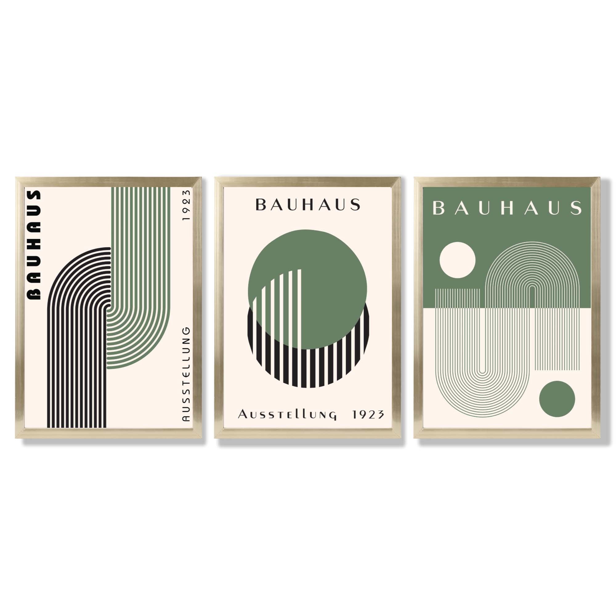 Bauhaus Green Geometric Set of 3 Framed Art Prints with Gold Wood Frames