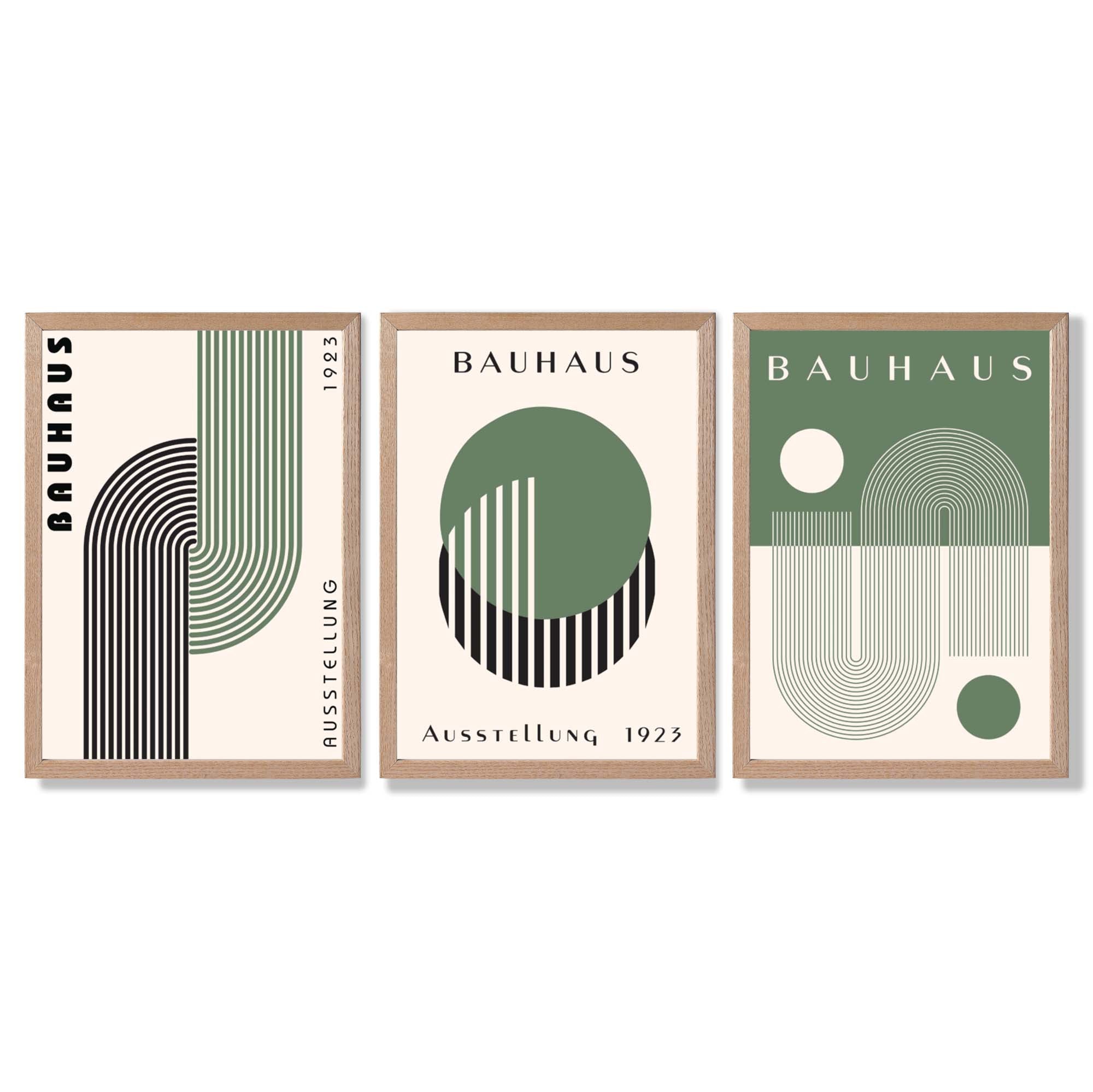 Bauhaus Green Geometric Set of 3 Framed Art Prints with Light Oak Frames