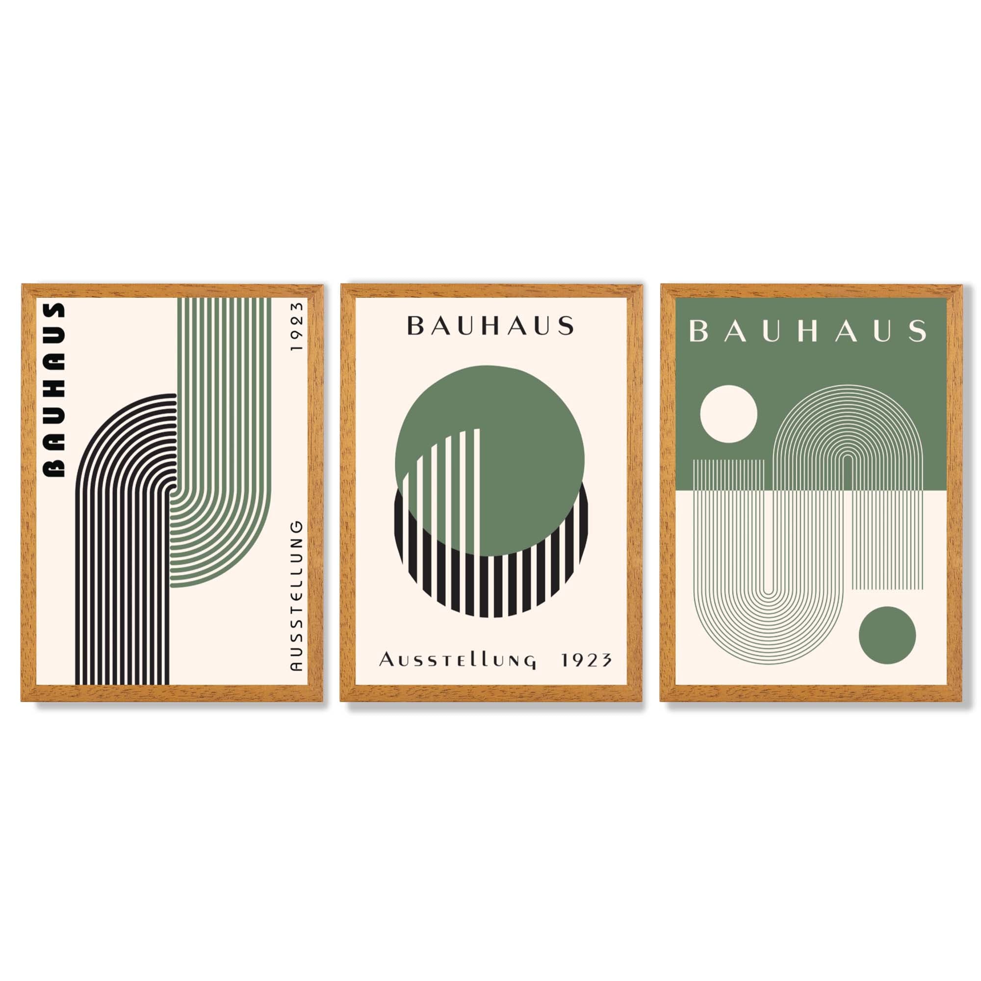 Bauhaus Green Geometric Set of 3 Framed Art Prints with Oak Wooden Frames