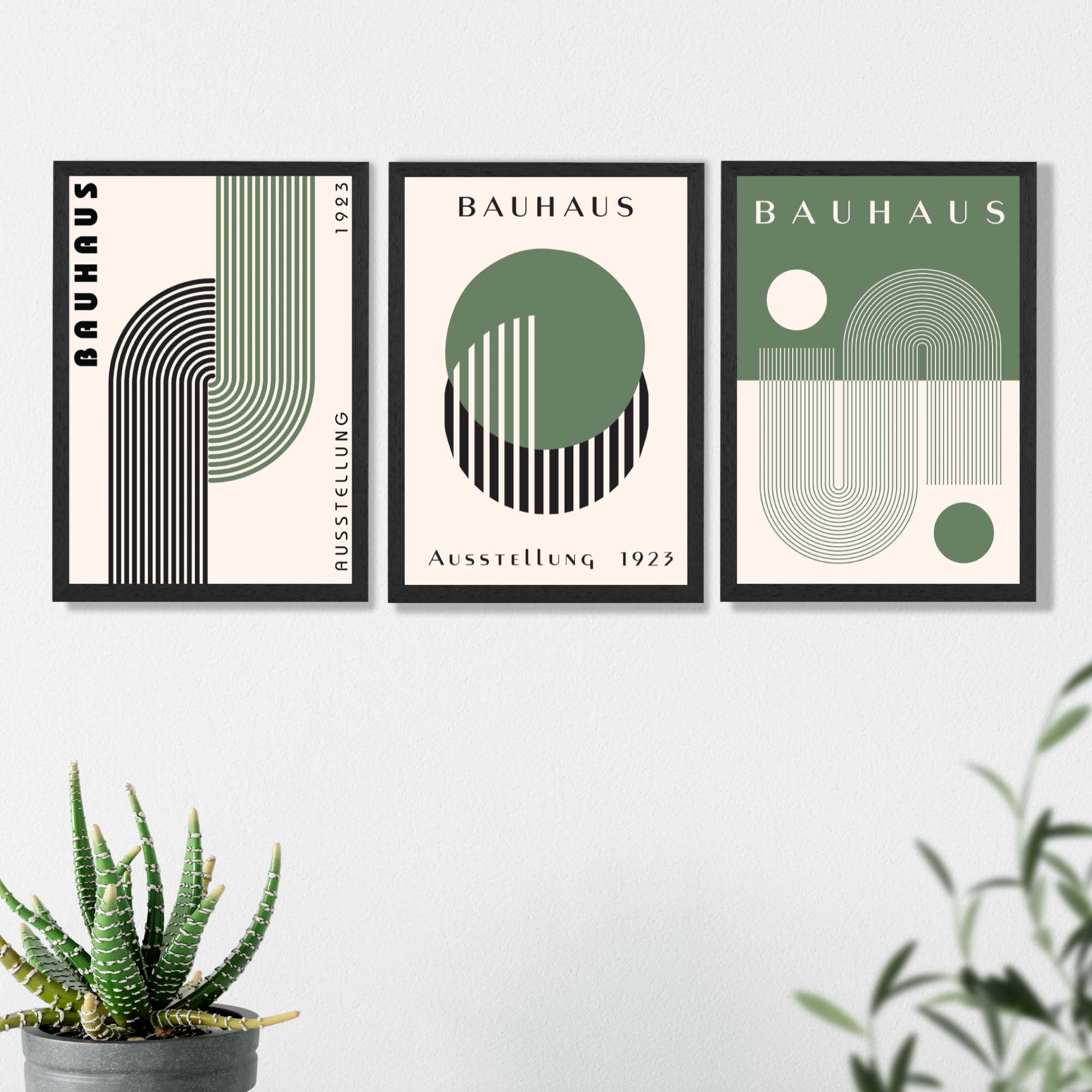 Bauhaus Green Geometric Set of 3 Art Prints in Black Frames | Artze UK