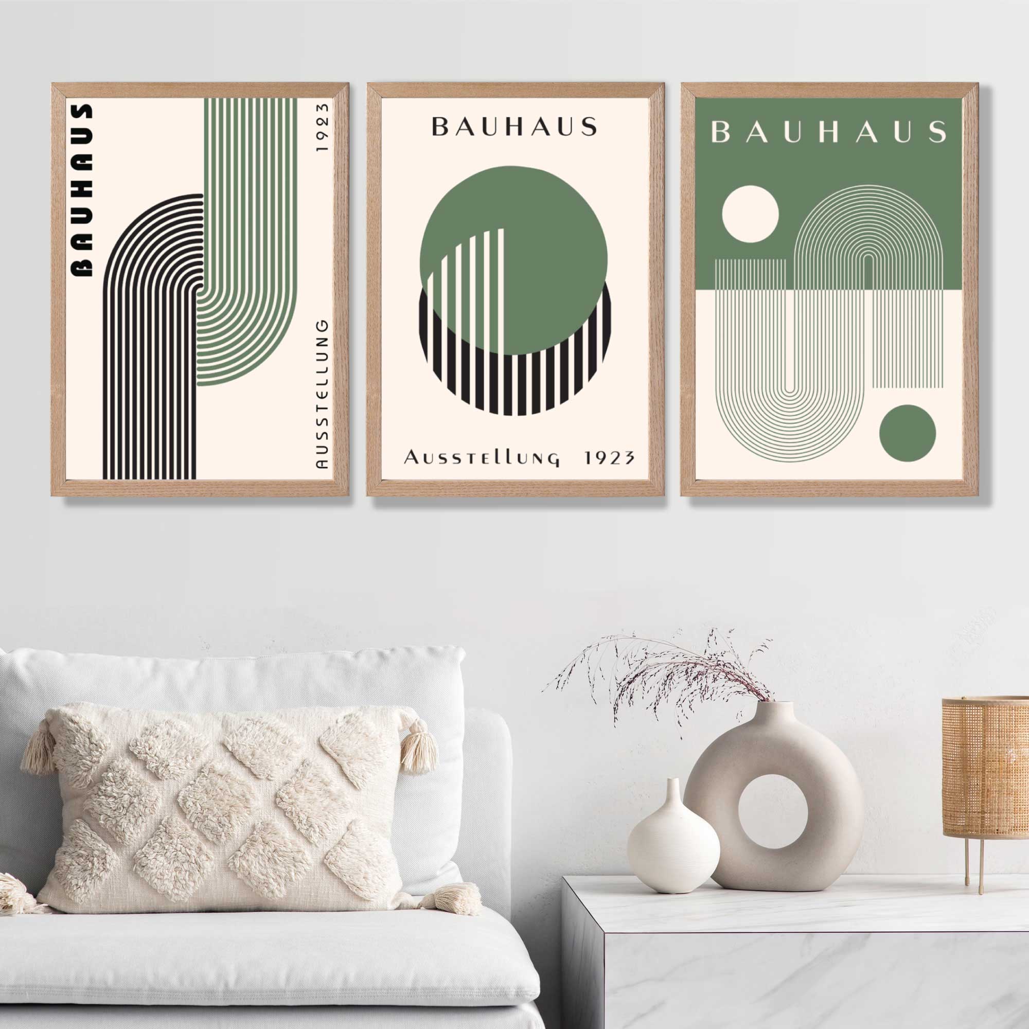 Bauhaus Green Geometric Set of 3 Art Prints in Oak Frames | Artze UK