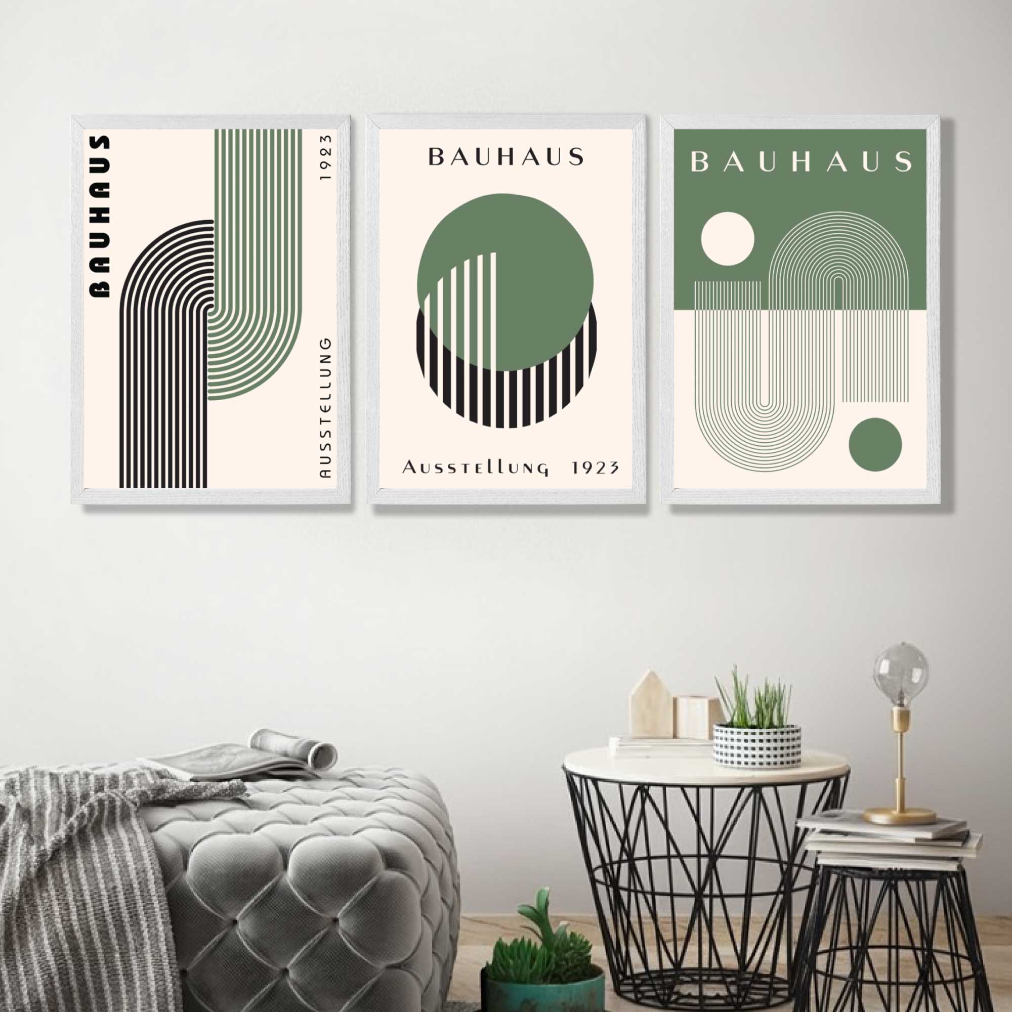 Bauhaus Green Geometric Set of 3 Art Prints in White Frames | Artze UK