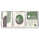 Bauhaus Green Geometric Set of 3 Framed Art Prints with Silver Wood Frames
