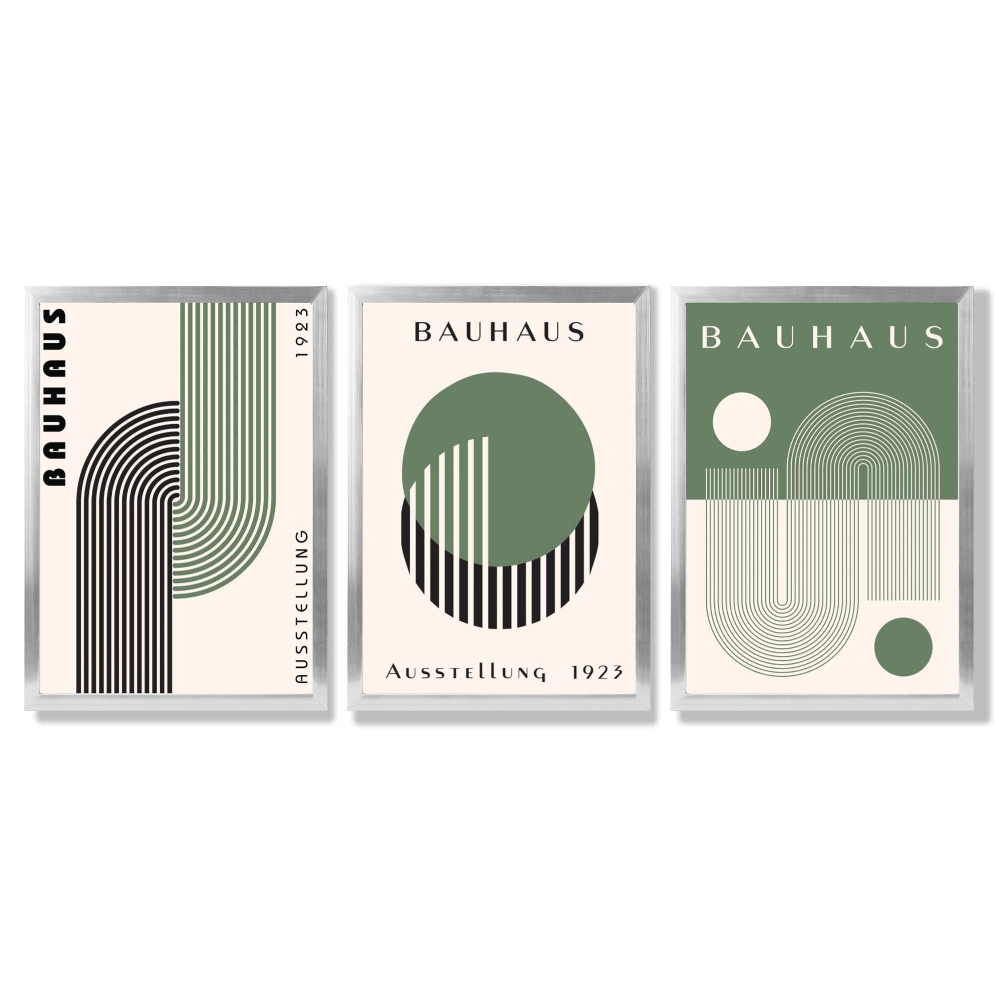Bauhaus Green Geometric Set of 3 Framed Art Prints with Silver Wood Frames