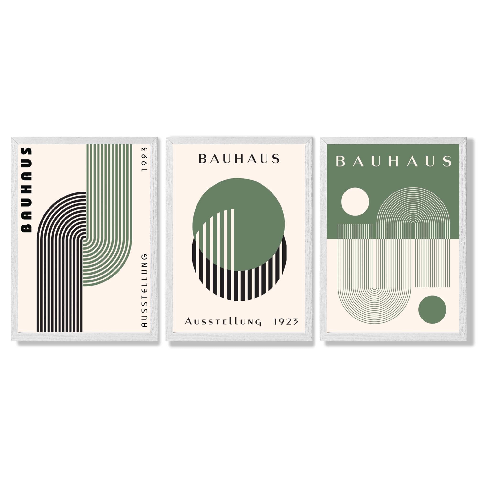 Bauhaus Green Geometric Set of 3 Framed Art Prints with White Wooden Frames