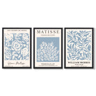 Matisse and William Morris Light Blue Floral Set of 3 Framed Art Prints with Black Wooden Frames