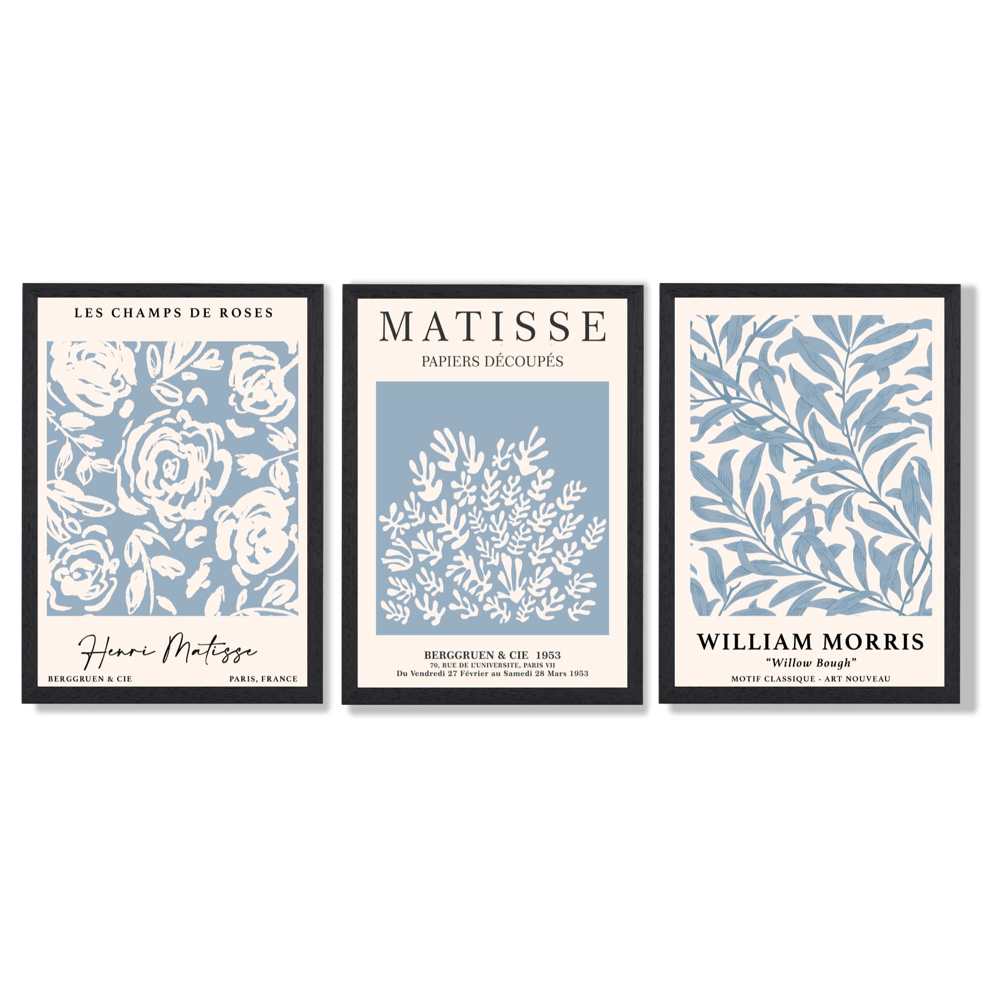 Matisse and William Morris Light Blue Floral Set of 3 Framed Art Prints with Black Wooden Frames