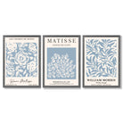 Matisse and William Morris Light Blue Floral Set of 3 Framed Art Prints with Dark Grey Wooden Frames