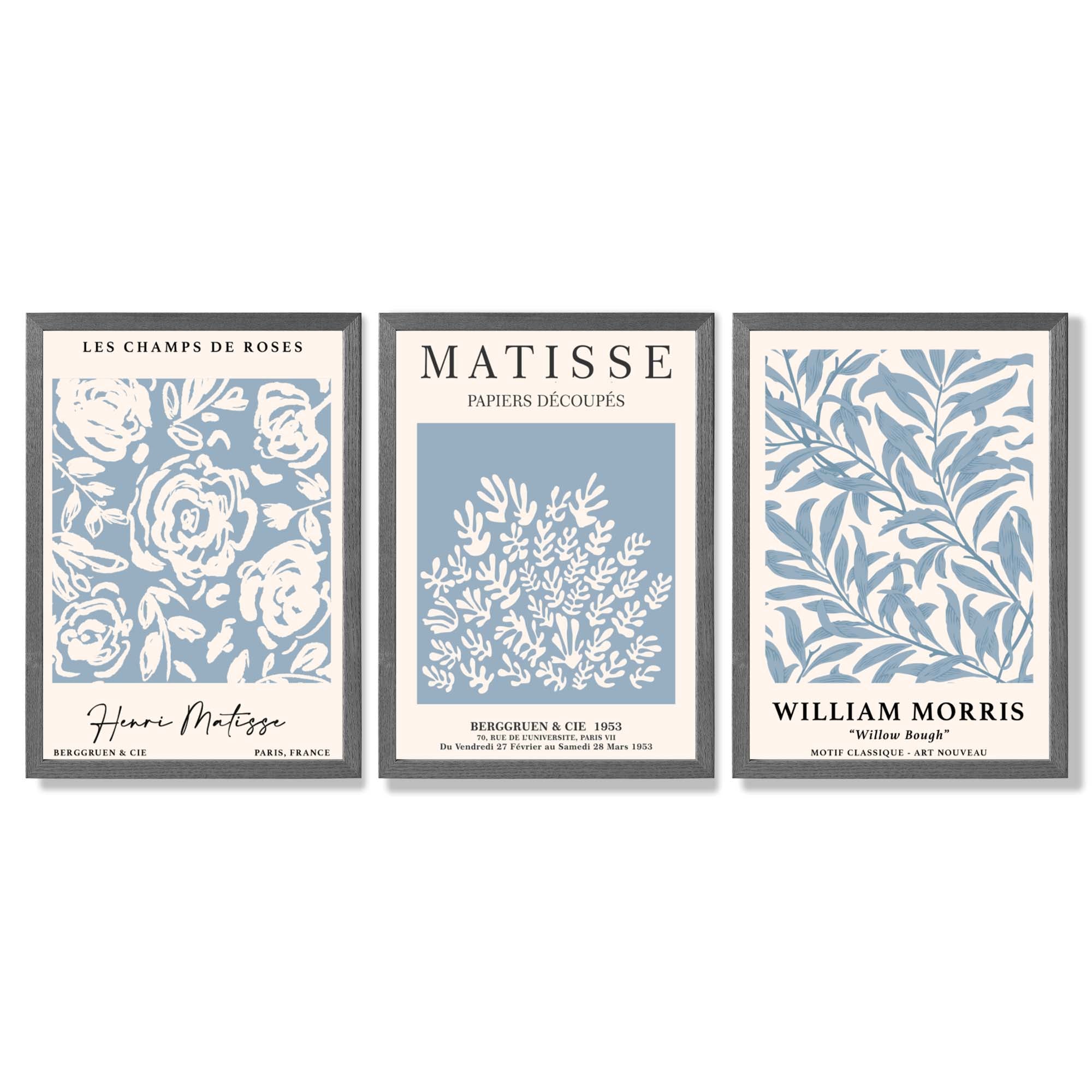 Matisse and William Morris Light Blue Floral Set of 3 Framed Art Prints with Dark Grey Wooden Frames