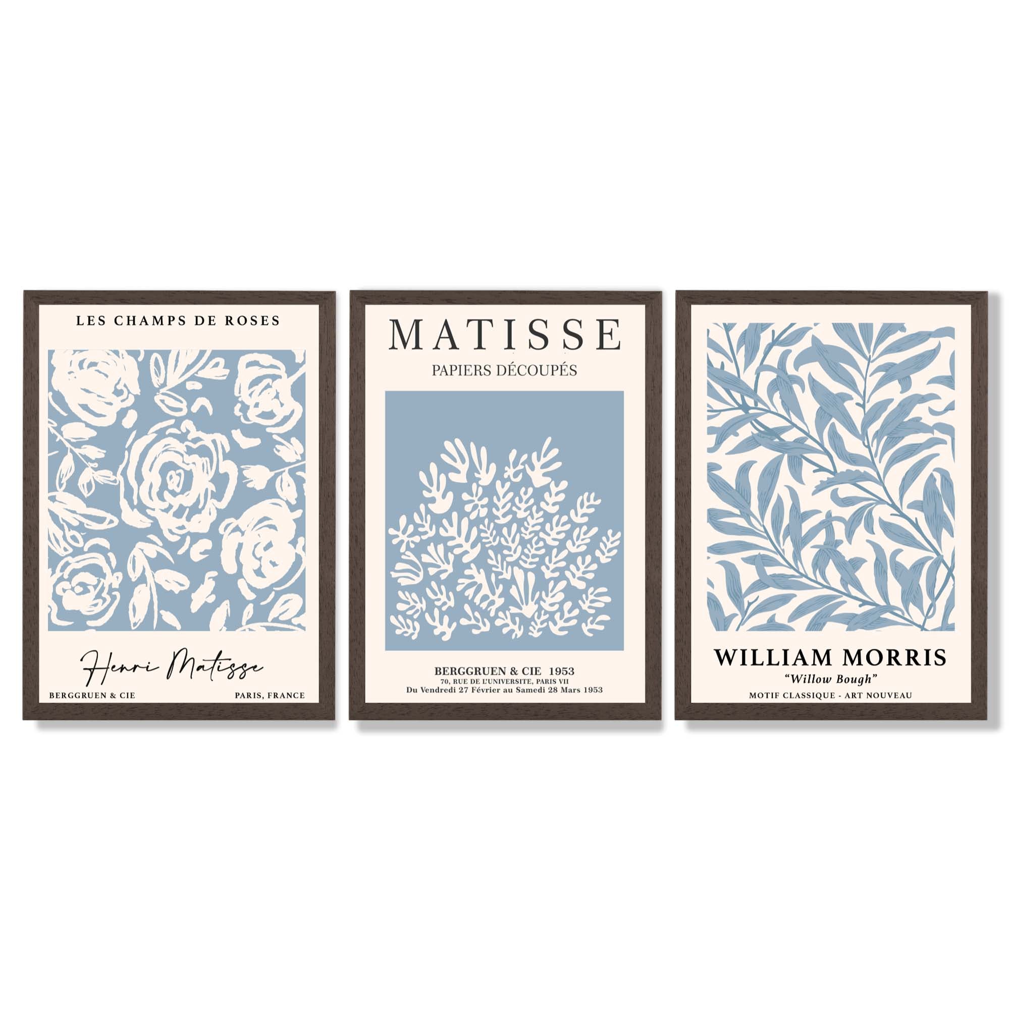 Matisse and William Morris Light Blue Floral Set of 3 Framed Art Prints with Dark Wood Frames
