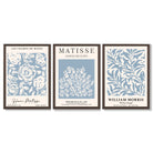 Matisse and William Morris Light Blue Floral Set of 3 Framed Art Prints with Dark Wood Frames