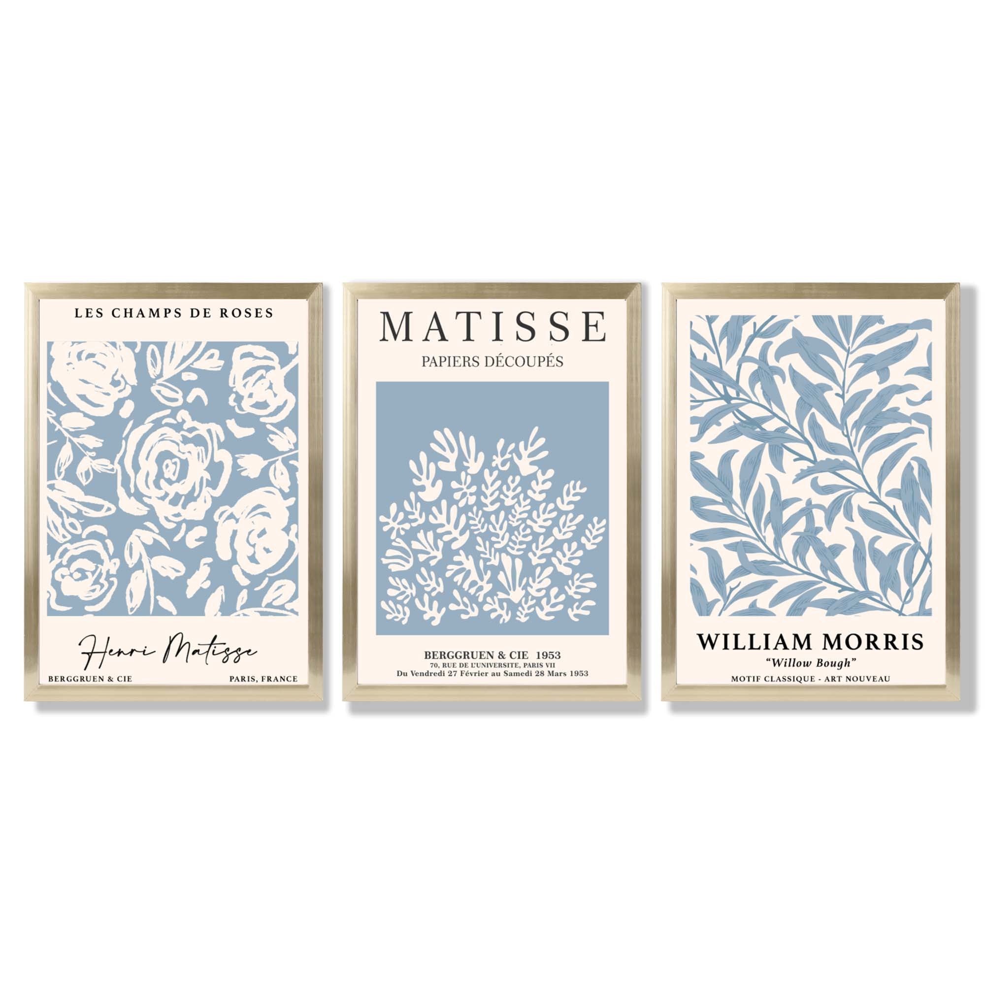 Matisse and William Morris Light Blue Floral Set of 3 Framed Art Prints with Gold Wood Frames