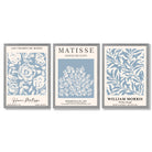 Matisse and William Morris Light Blue Floral Set of 3 Framed Art Prints with Light Grey Wooden Frames