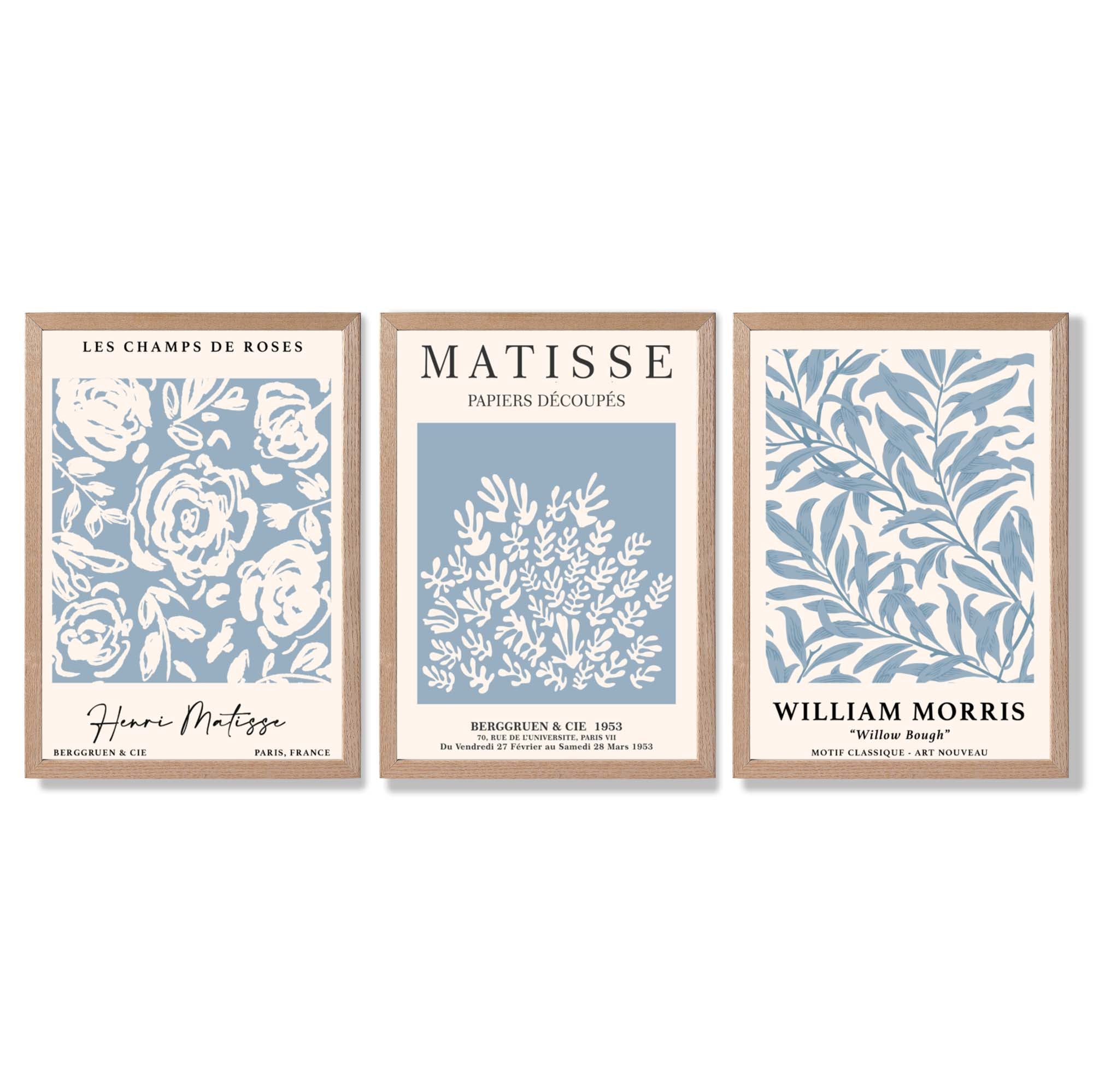 Matisse and William Morris Light Blue Floral Set of 3 Framed Art Prints with Light Oak Frames