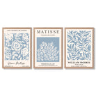 Matisse and William Morris Light Blue Floral Set of 3 Framed Art Prints with Light Oak Frames
