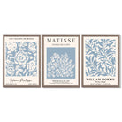 Matisse and William Morris Light Blue Floral Set of 3 Framed Art Prints with Light Walnut Frames