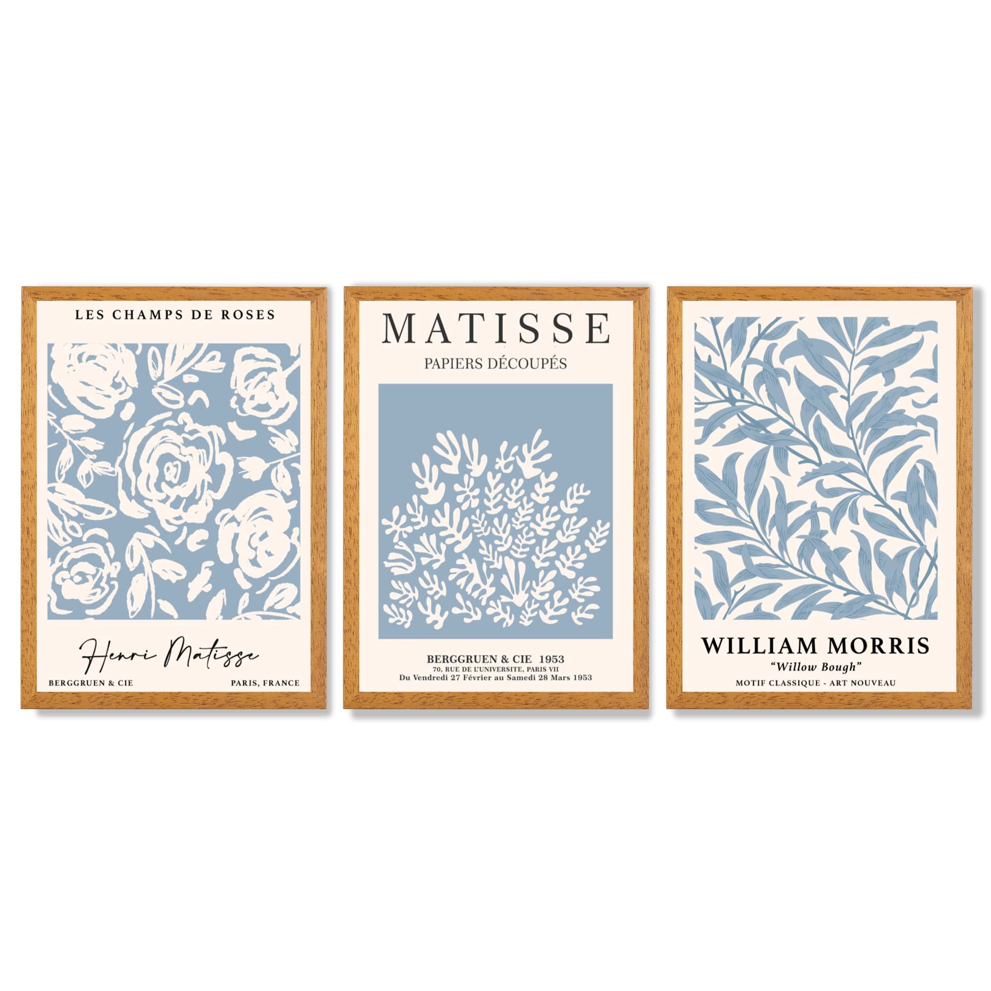 Matisse and William Morris Light Blue Floral Set of 3 Framed Art Prints with Oak Wooden Frames