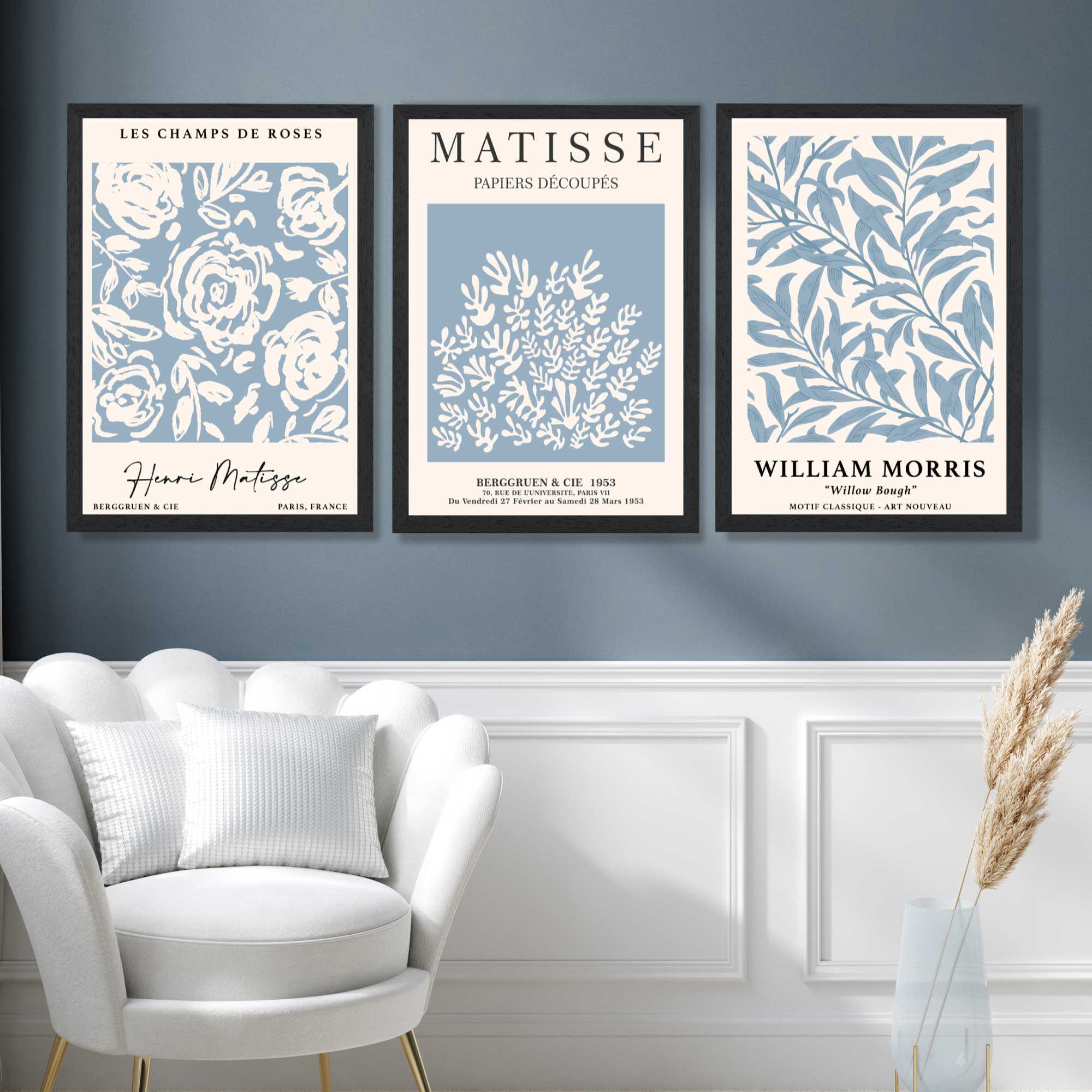 Matisse and William Morris Light Blue Floral Set of 3 Art Prints in Black Frames | Artze UK