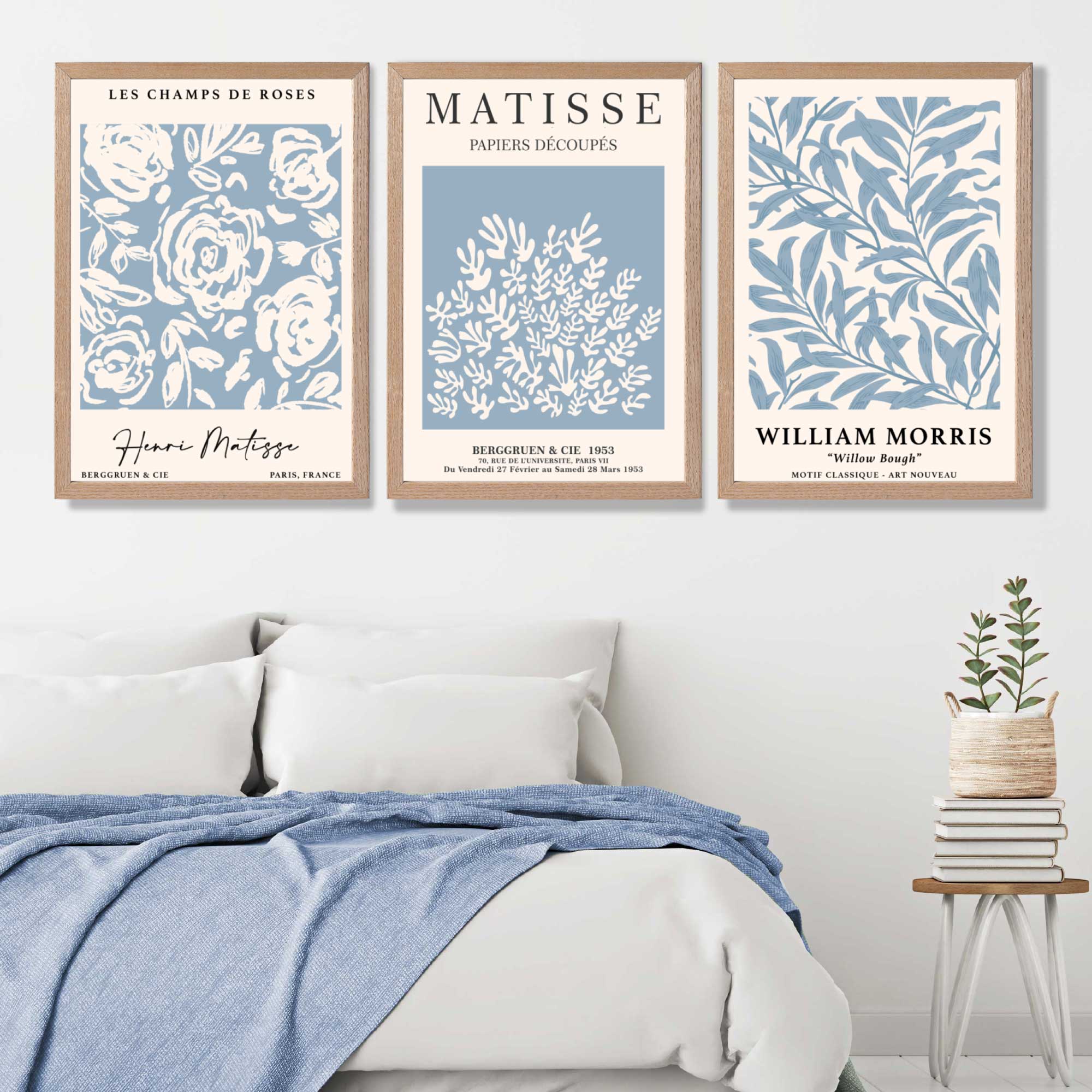 Matisse and William Morris Light Blue Floral Set of 3 Art Prints in Oak Frames | Artze UK