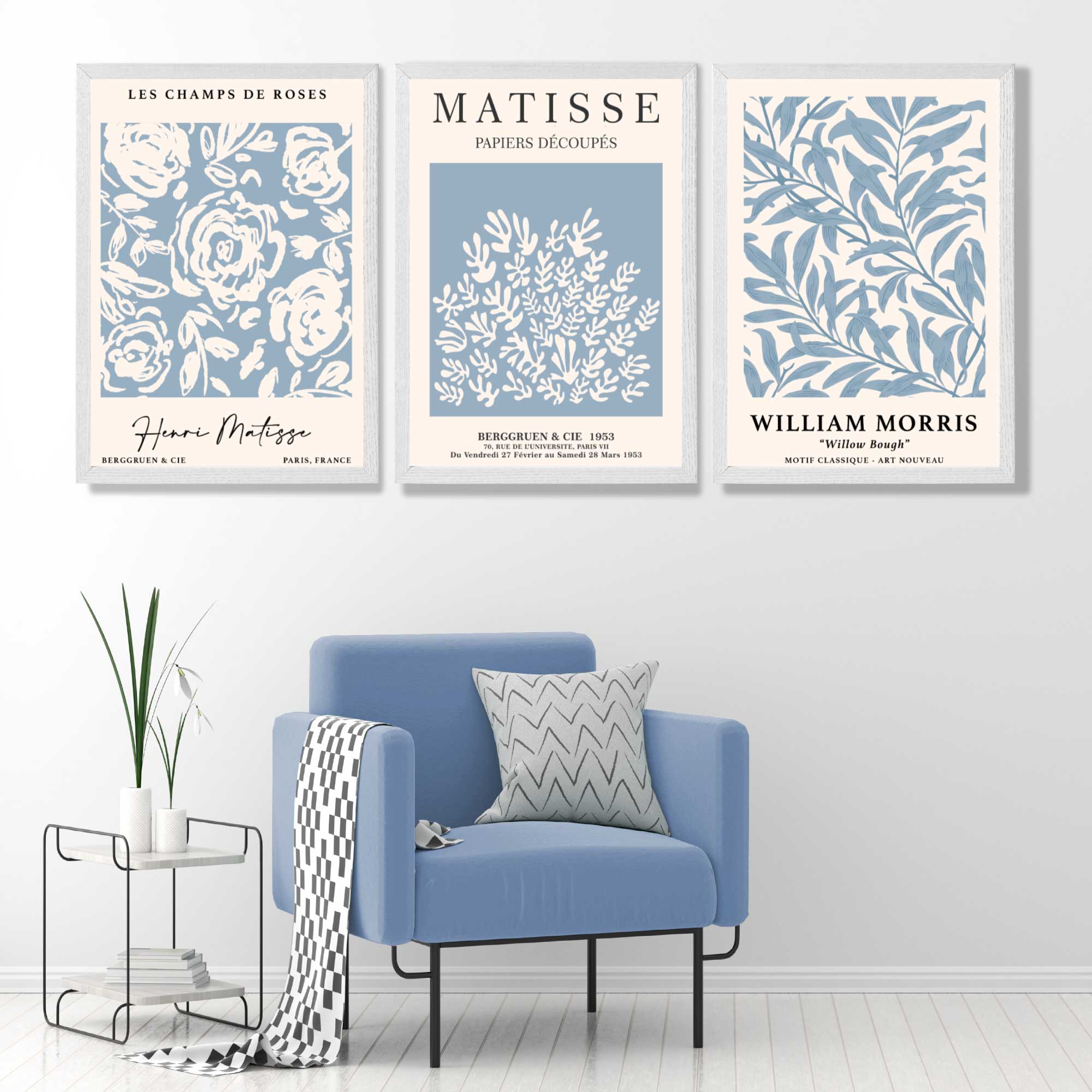Matisse and William Morris Light Blue Floral Set of 3 Art Prints in White Frames | Artze UK