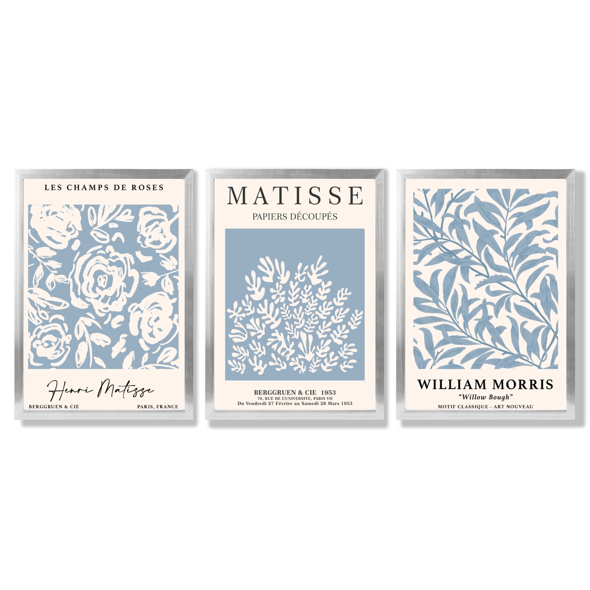 Matisse and William Morris Light Blue Floral Set of 3 Framed Art Prints with Silver Wood Frames