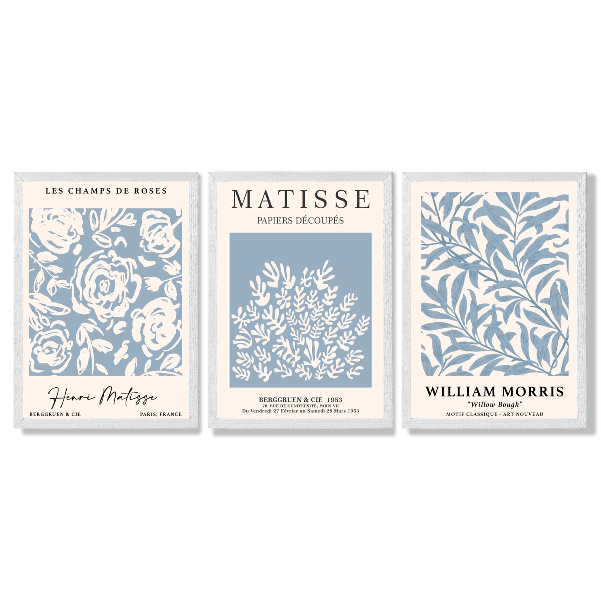 Matisse and William Morris Light Blue Floral Set of 3 Framed Art Prints with White Wooden Frames