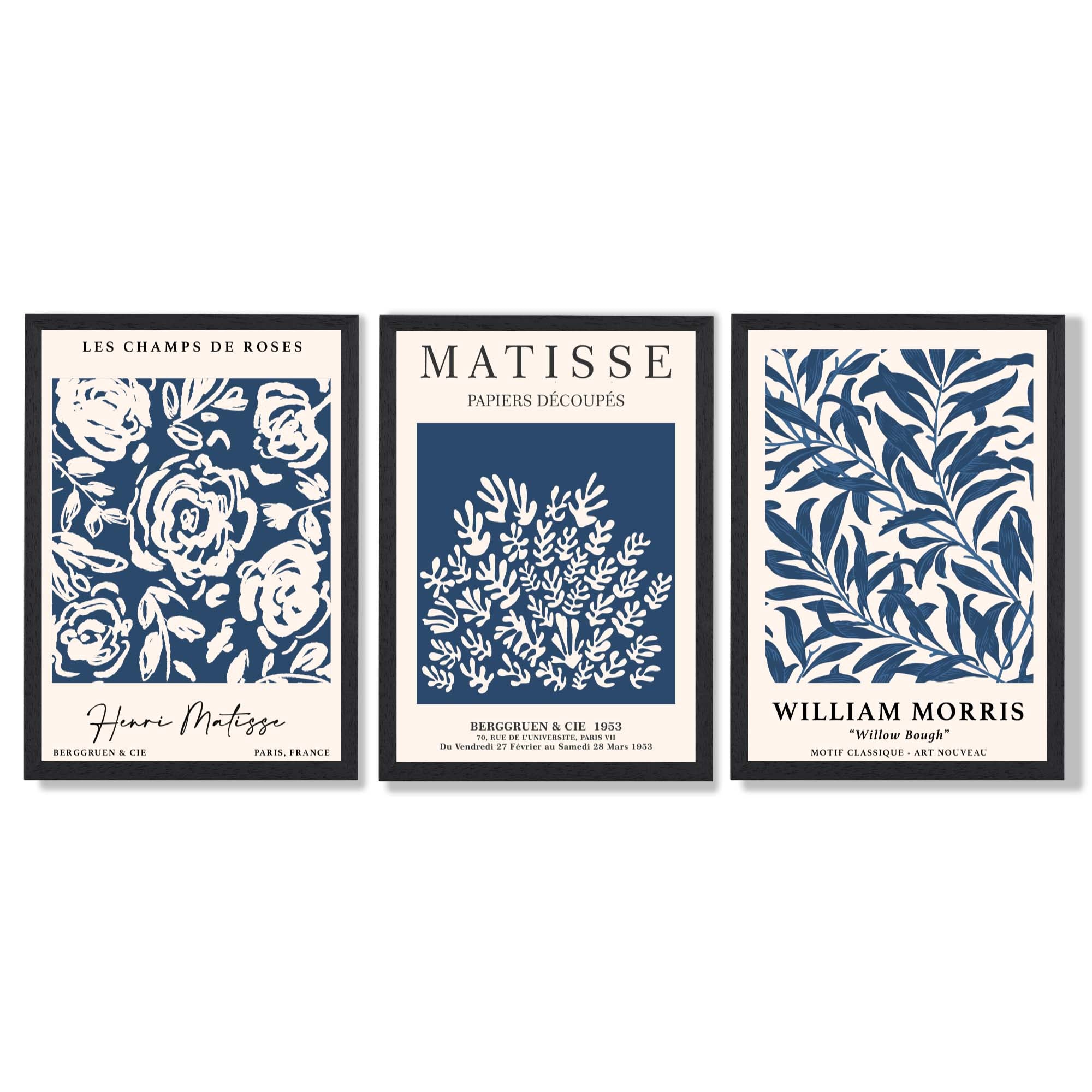 Matisse and William Morris Navy Blue Floral Set of 3 Framed Art Prints with Black Wooden Frames