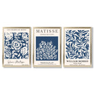Matisse and William Morris Navy Blue Floral Set of 3 Framed Art Prints with Gold Wood Frames