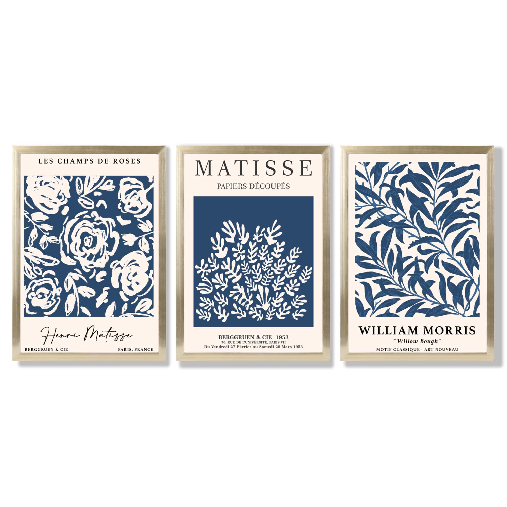 Matisse and William Morris Navy Blue Floral Set of 3 Framed Art Prints with Gold Wood Frames