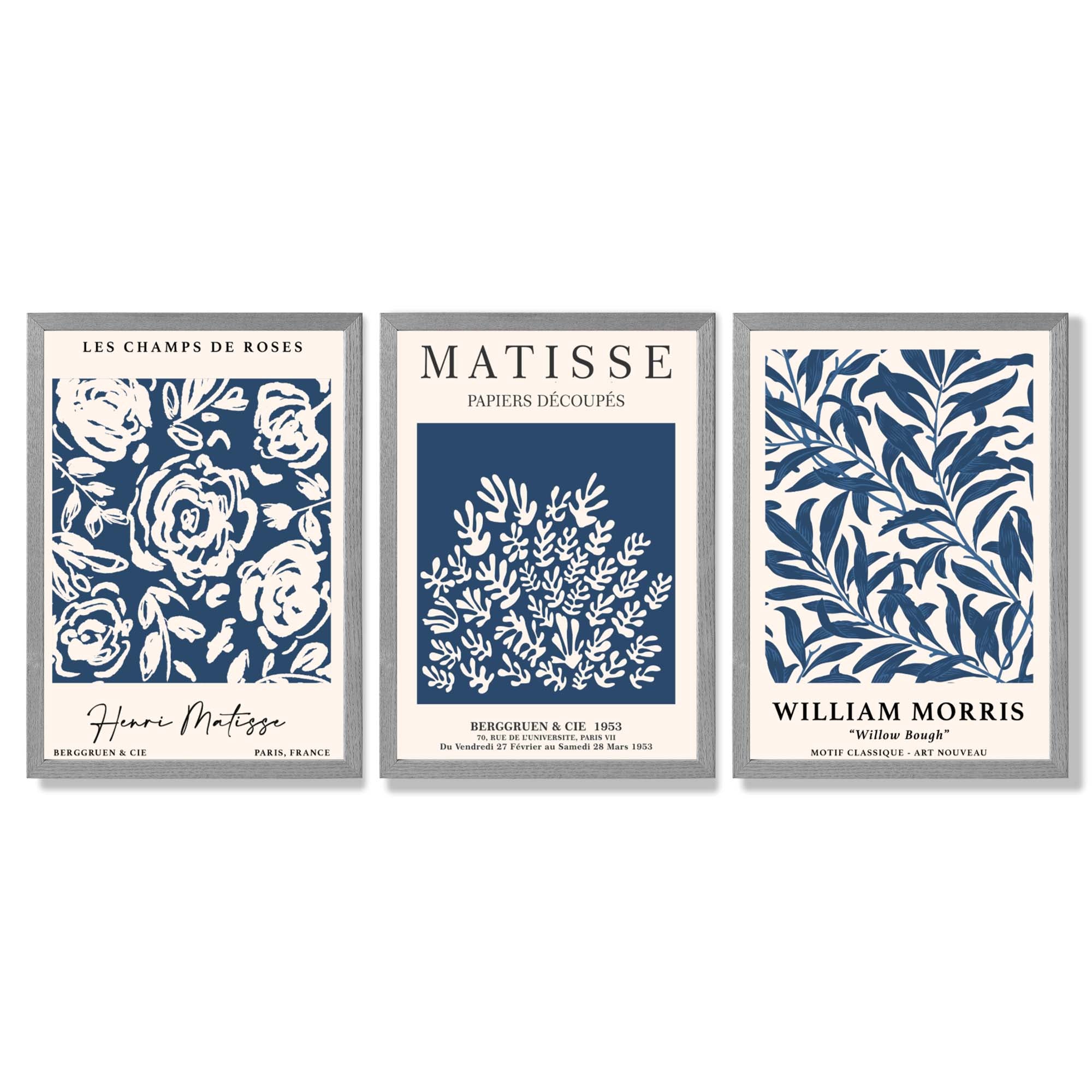Matisse and William Morris Navy Blue Floral Set of 3 Framed Art Prints with Light Grey Wooden Frames
