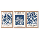 Matisse and William Morris Navy Blue Floral Set of 3 Framed Art Prints with Light Oak Frames