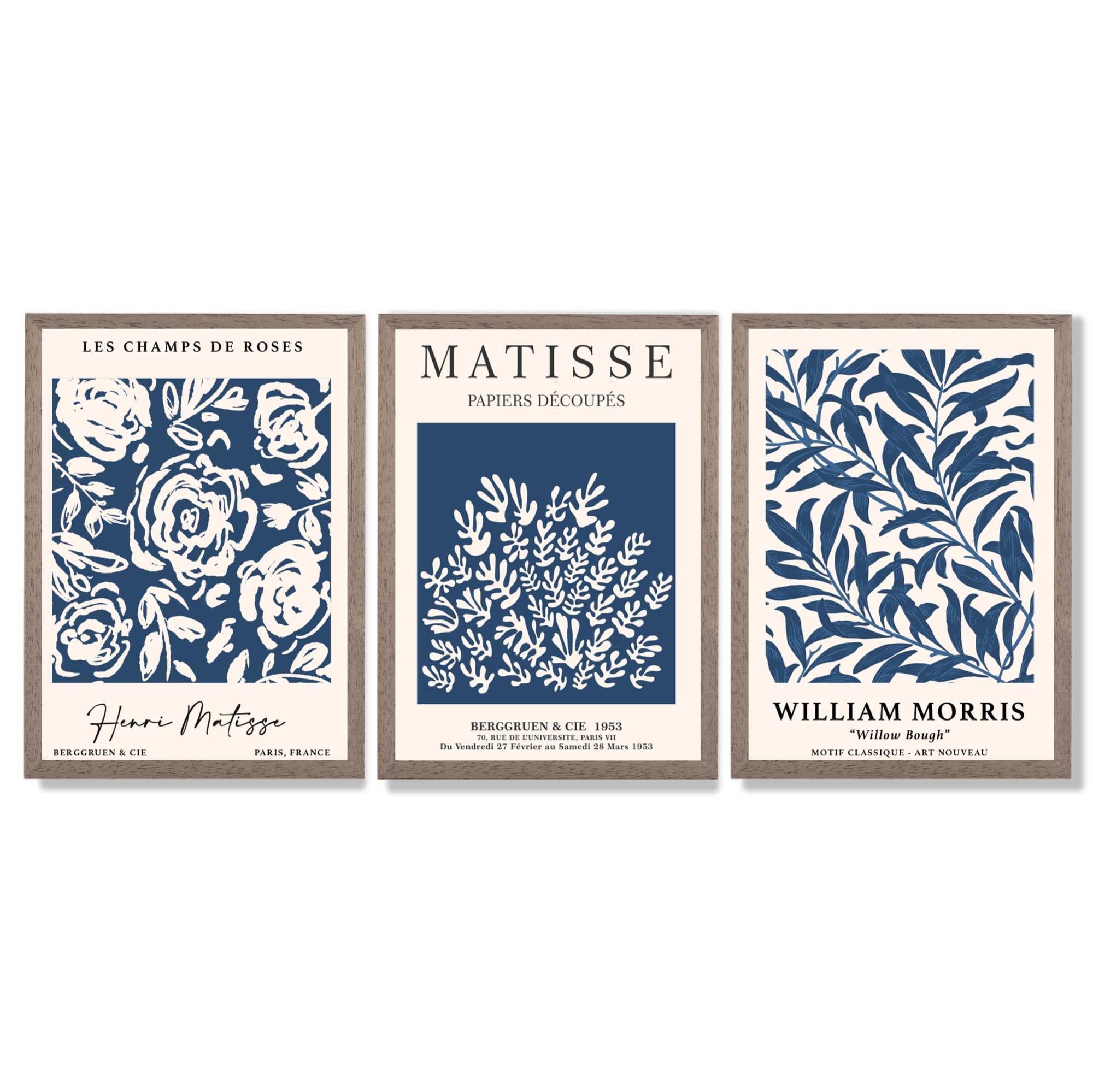 Matisse and William Morris Navy Blue Floral Set of 3 Framed Art Prints with Light Walnut Frames