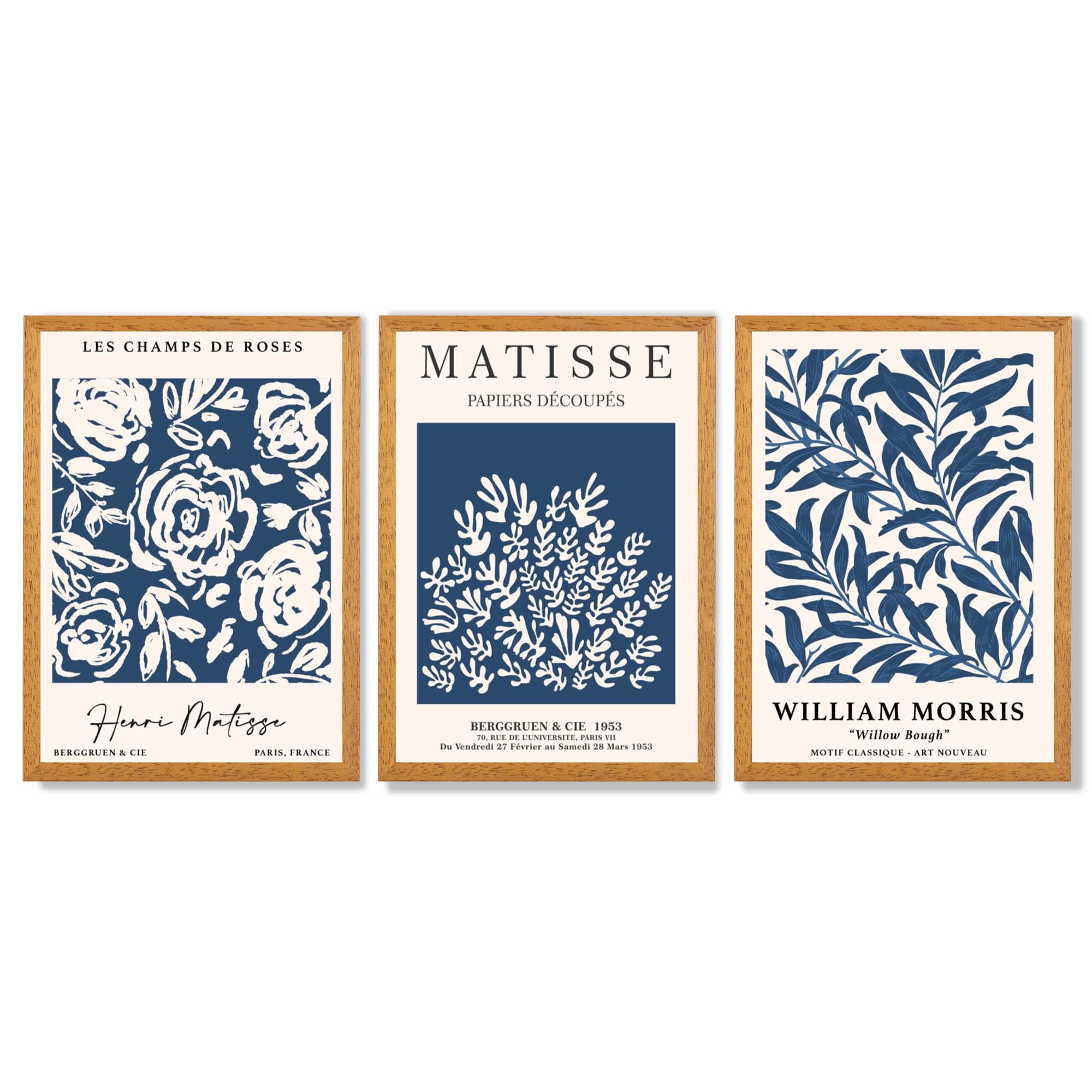 Matisse and William Morris Navy Blue Floral Set of 3 Framed Art Prints with Oak Wooden Frames