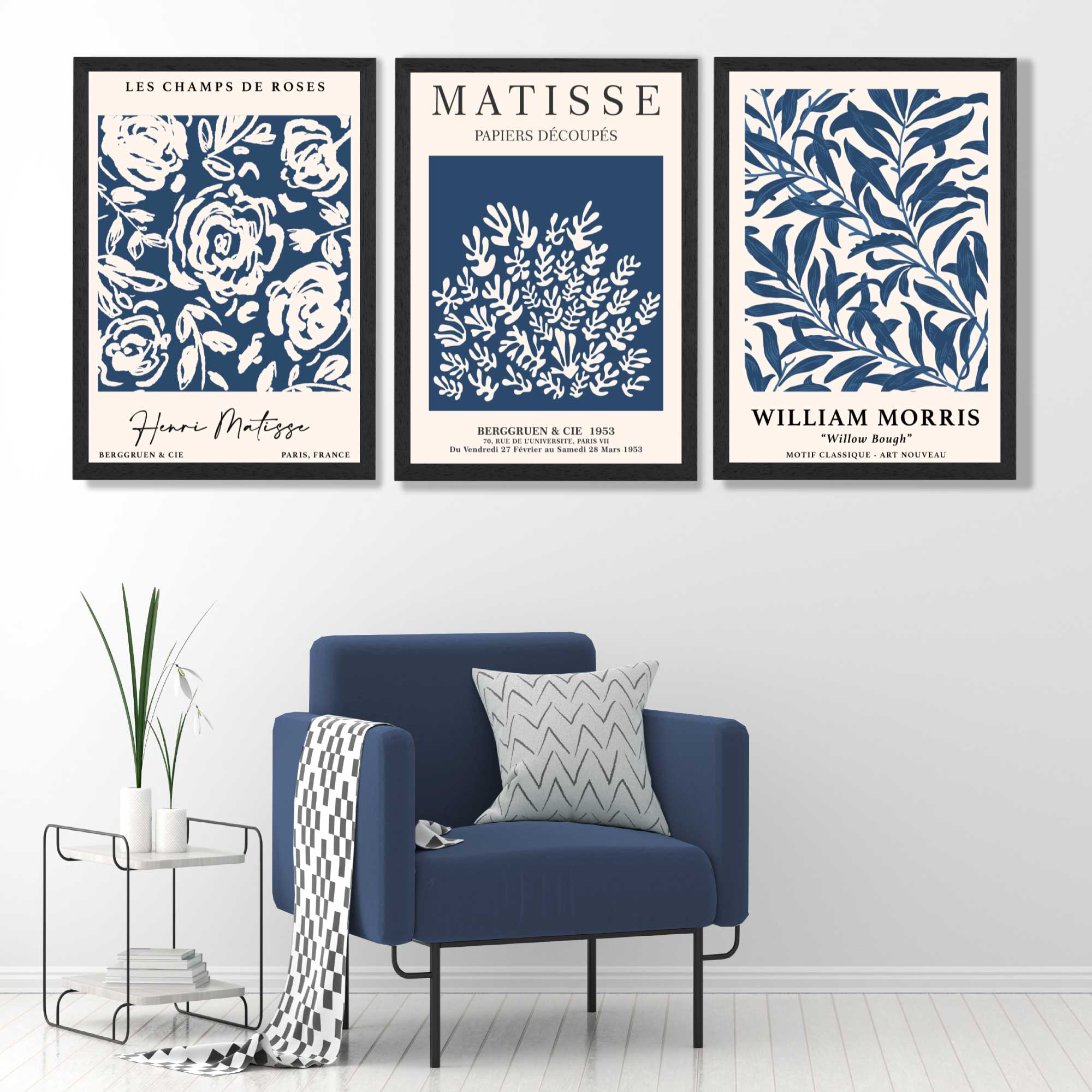 Matisse and William Morris Navy Blue Floral Set of 3 Art Prints in Black Frames | Artze UK