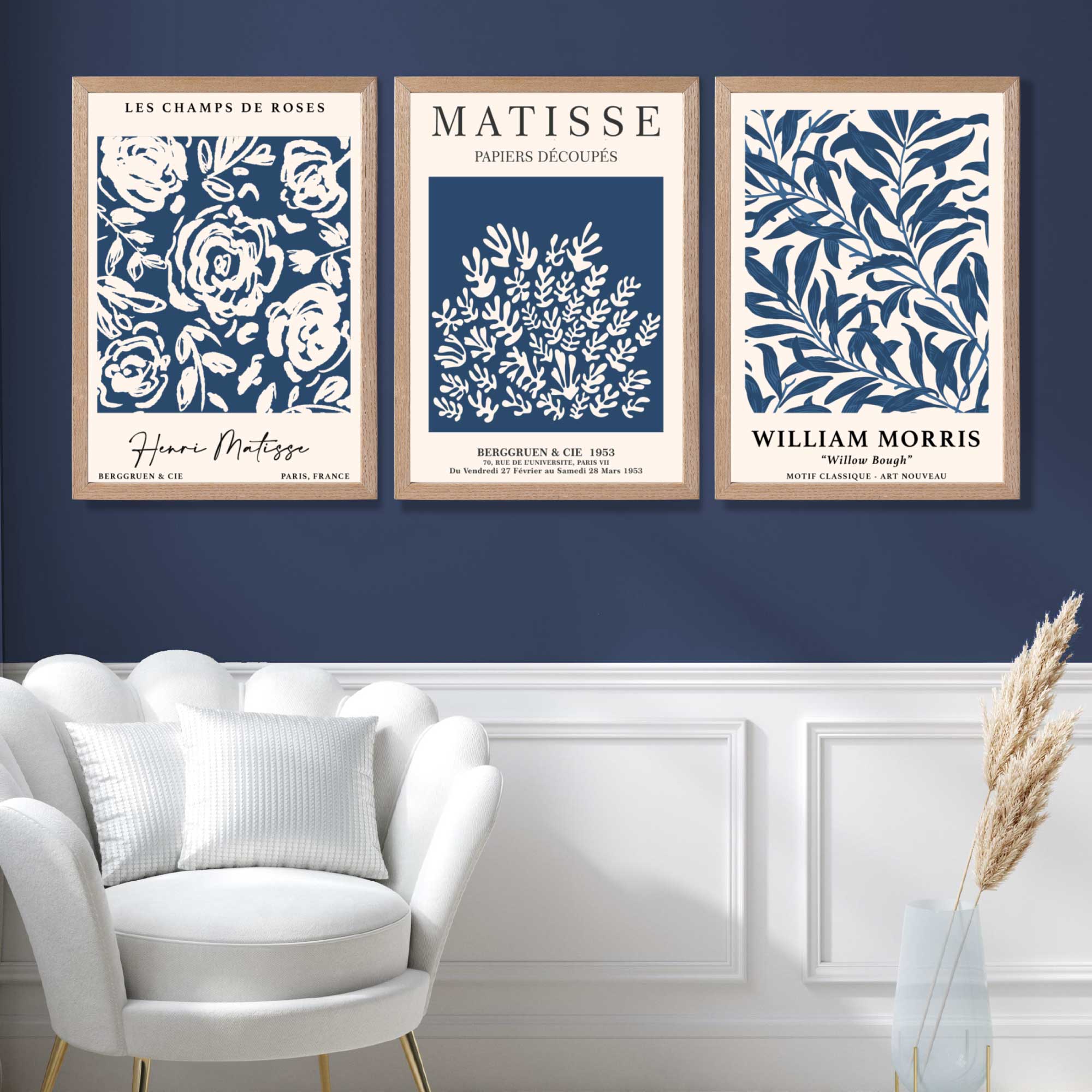 Matisse and William Morris Navy Blue Floral Set of 3 Art Prints in Oak Frames | Artze UK