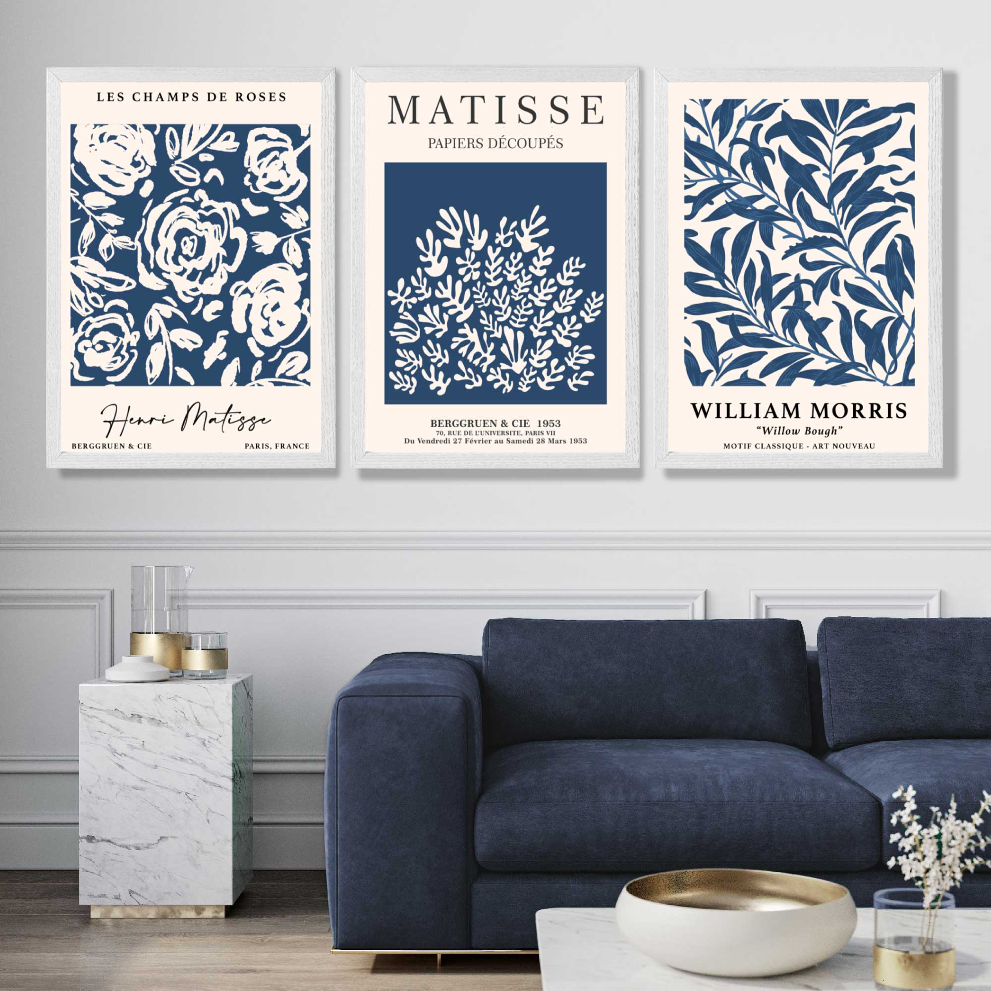 Matisse and William Morris Navy Blue Floral Set of 3 Art Prints in White Frames | Artze UK