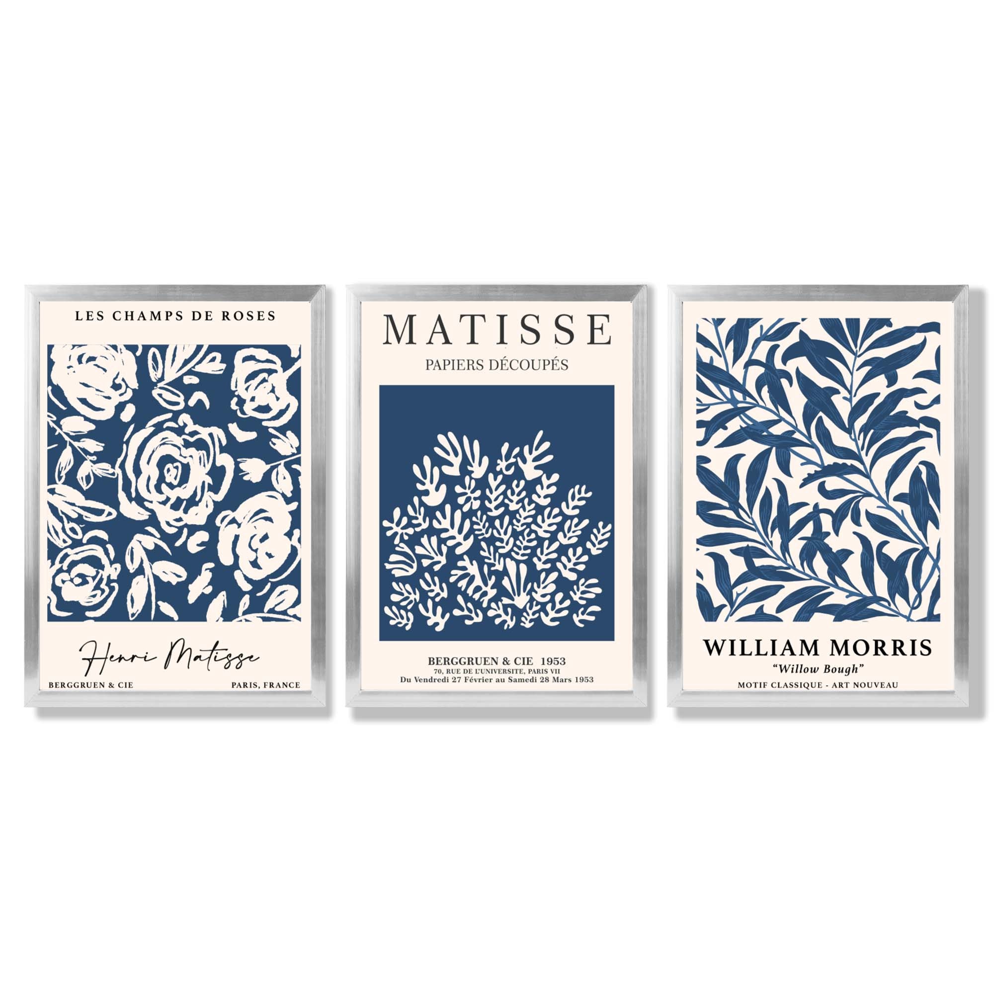 Matisse and William Morris Navy Blue Floral Set of 3 Framed Art Prints with Silver Wood Frames