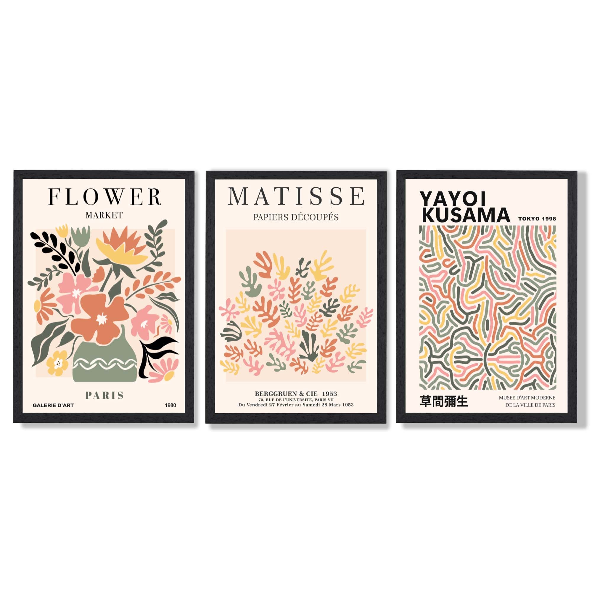 Matisse and Yayoi Kusama Flower Market Set of 3 Framed Art Prints with Black Wooden Frames