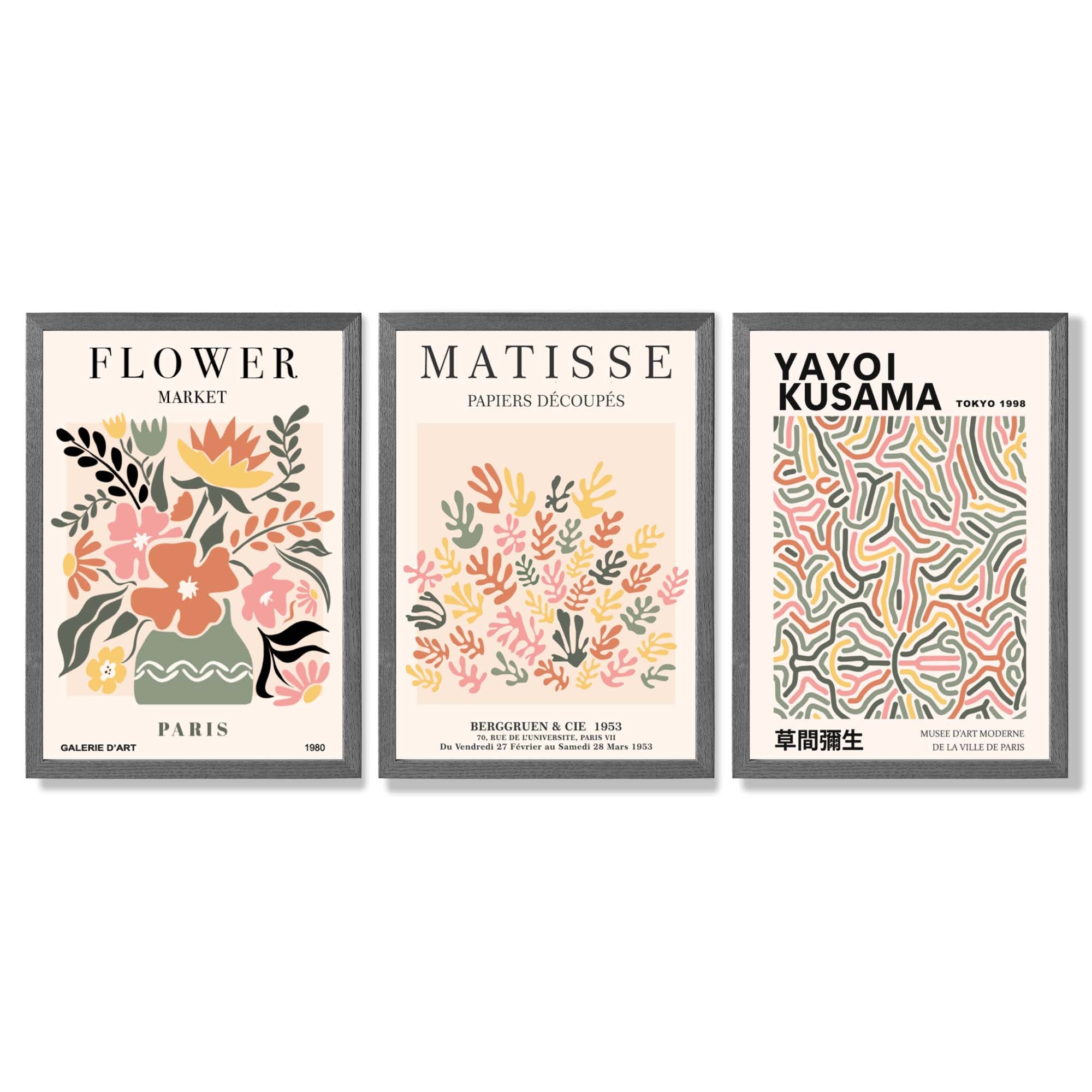Matisse and Yayoi Kusama Flower Market Set of 3 Framed Art Prints with Dark Grey Wooden Frames