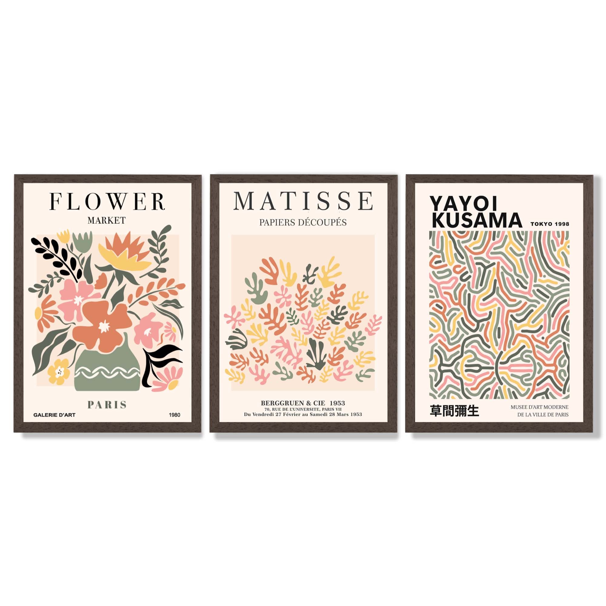 Matisse and Yayoi Kusama Flower Market Set of 3 Framed Art Prints with Dark Wood Frames