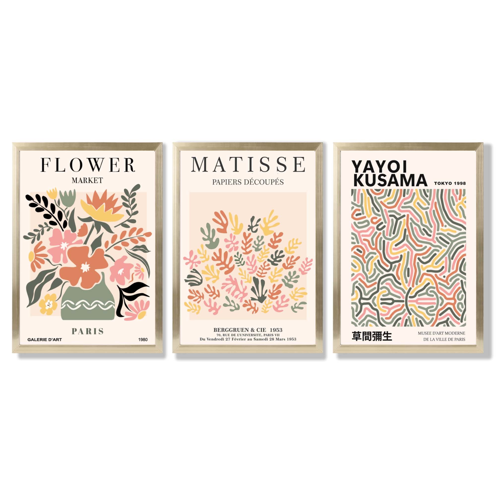 Matisse and Yayoi Kusama Flower Market Set of 3 Framed Art Prints with Gold Wood Frames