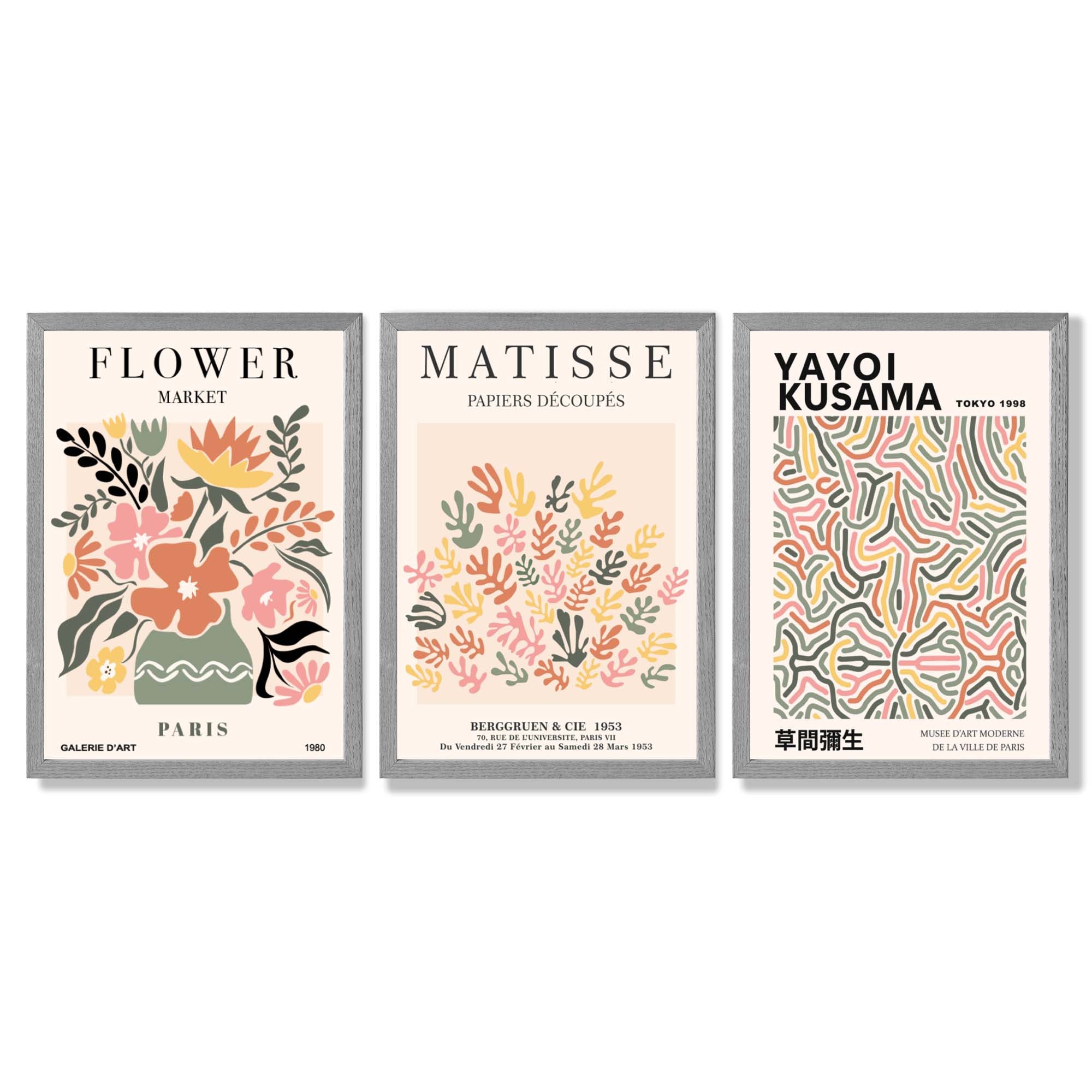 Matisse and Yayoi Kusama Flower Market Set of 3 Framed Art Prints with Light Grey Wooden Frames