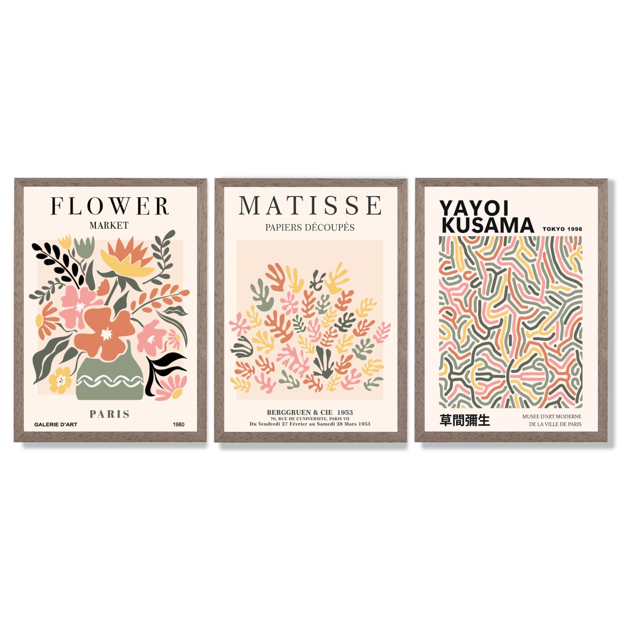 Matisse and Yayoi Kusama Flower Market Set of 3 Framed Art Prints with Light Walnut Frames