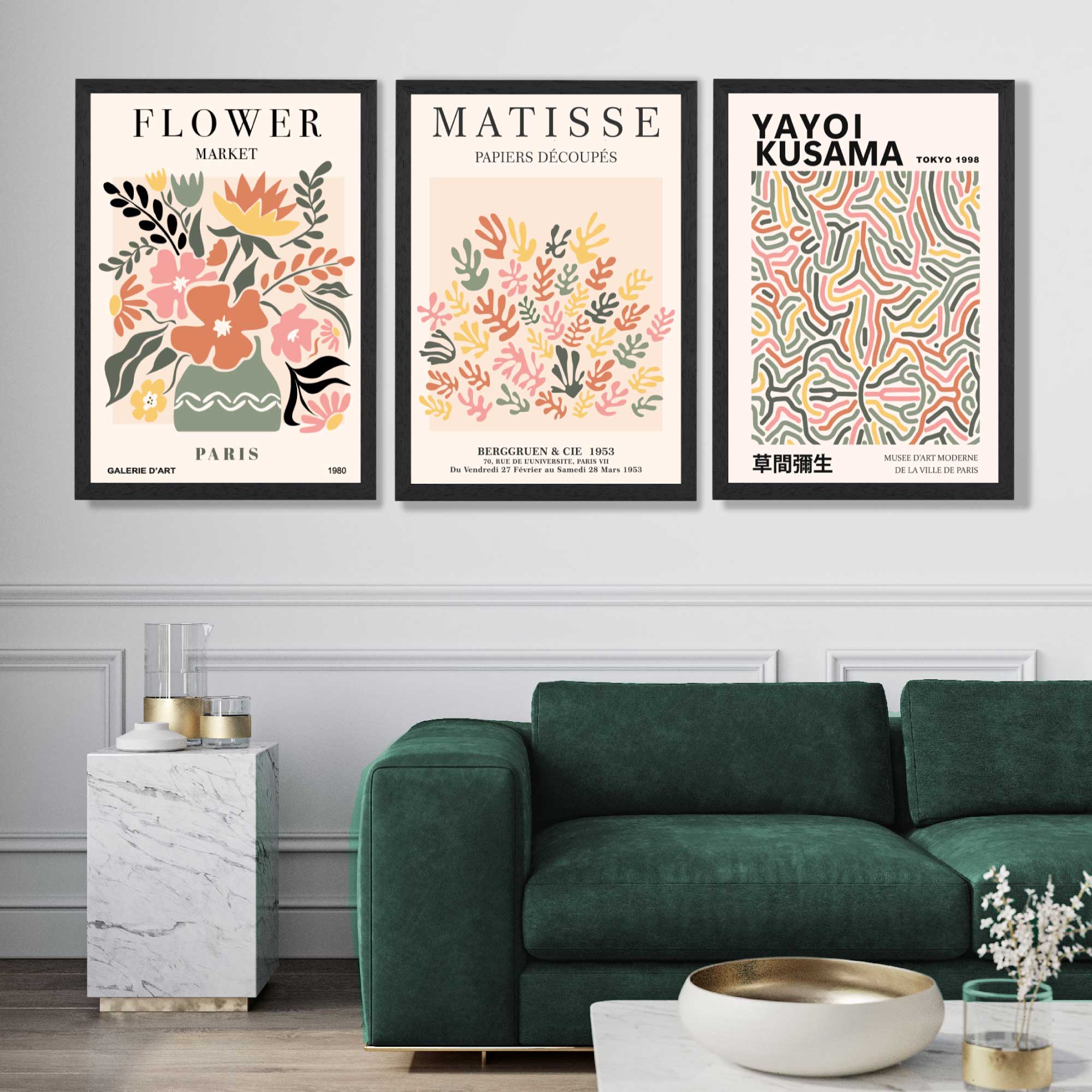 Matisse and Yayoi Kusama Flower Market Set of 3 Framed Art Prints in Luxury Frames | Artze UK