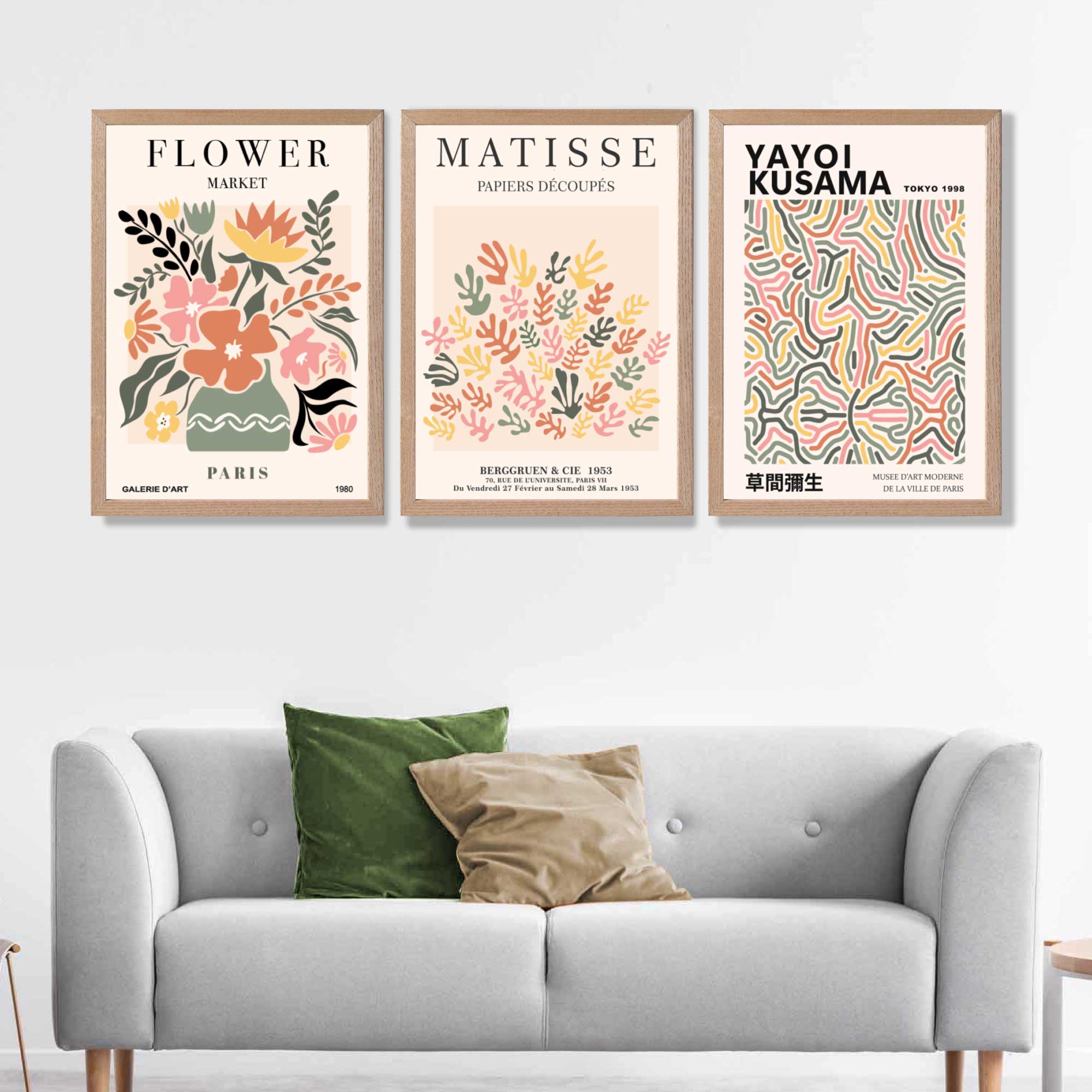 Matisse and Yayoi Kusama Flower Market Set of 3 Art Prints in Oak Frames | Artze UK