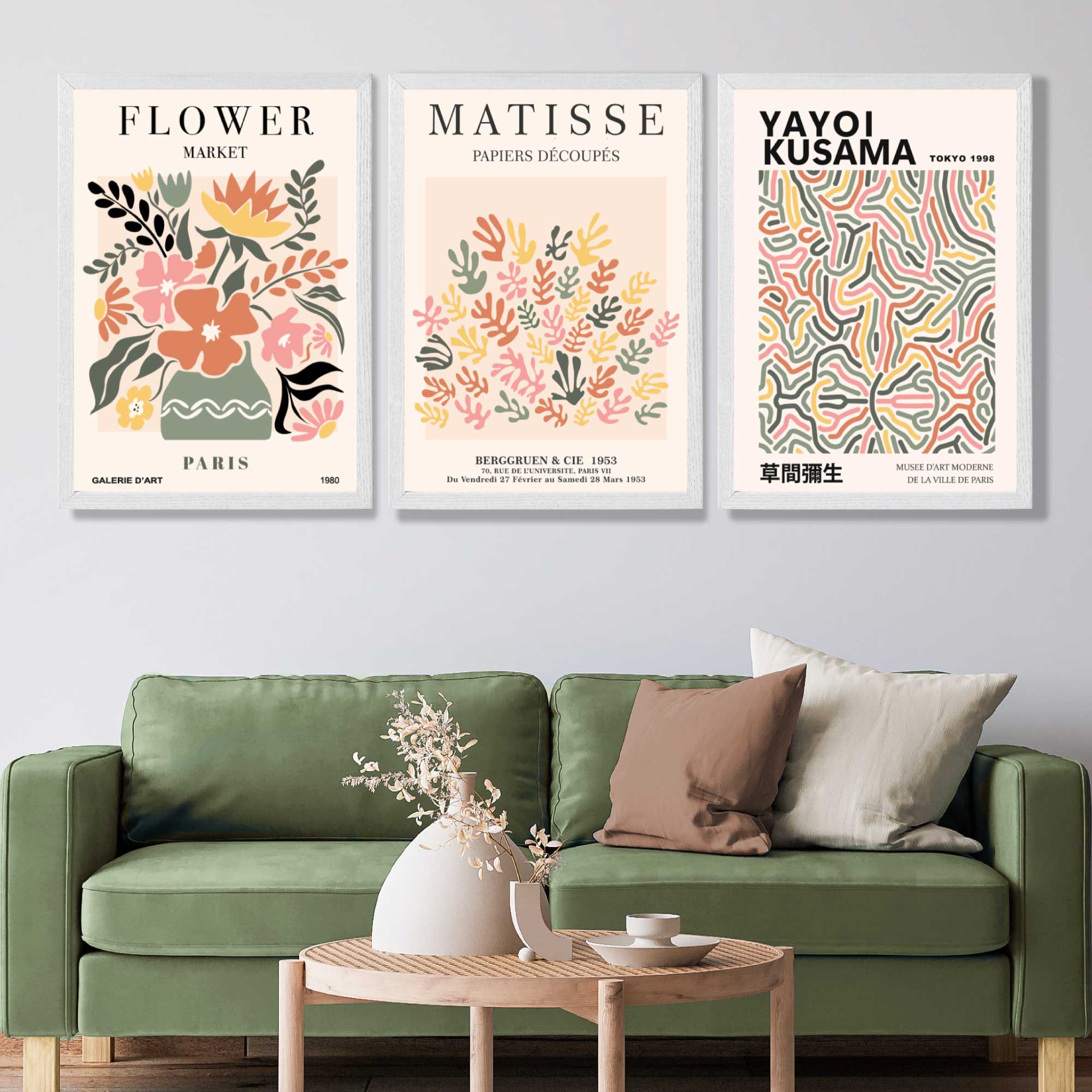Matisse and Yayoi Kusama Flower Market Set of 3 Art Prints in White Frames | Artze UK